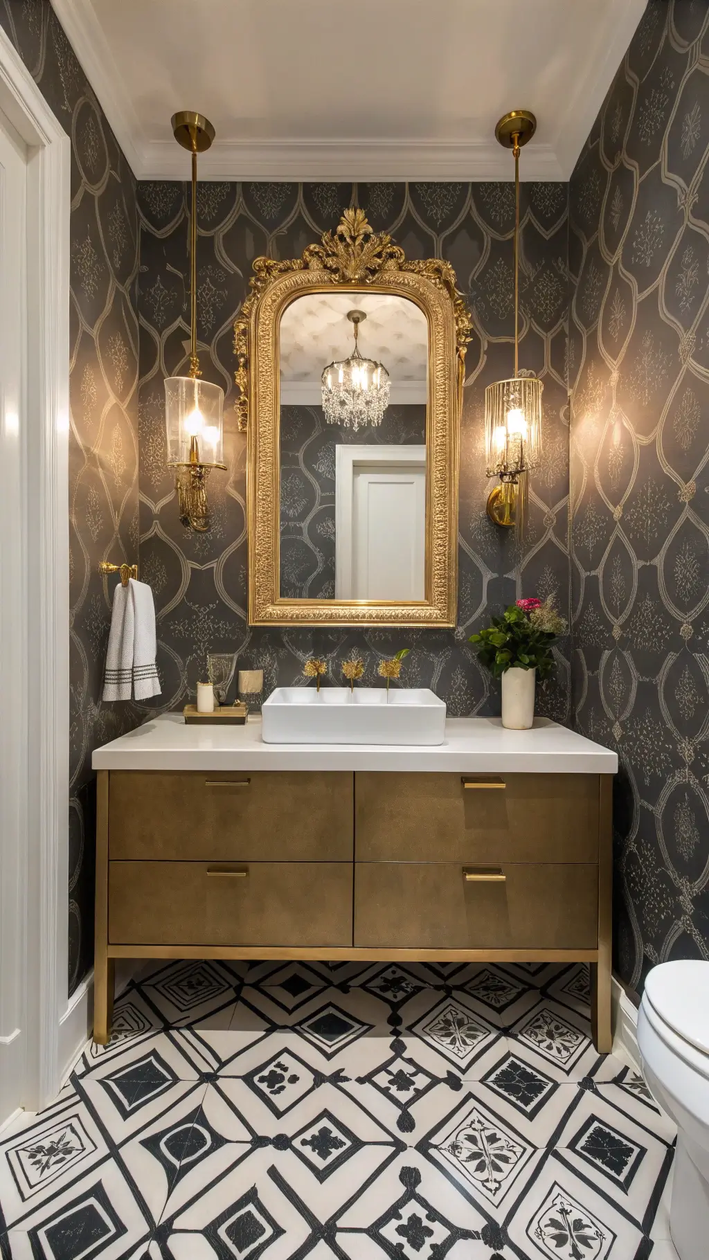 Luxurious 8x12ft powder room with a modern floating vanity, antique gilt mirror, black and white geometric tile floor, vintage crystal sconces, and dramatic Victorian-inspired wallpaper. Symmetrical composition with professional lighting highlighting metallic accents and textures.