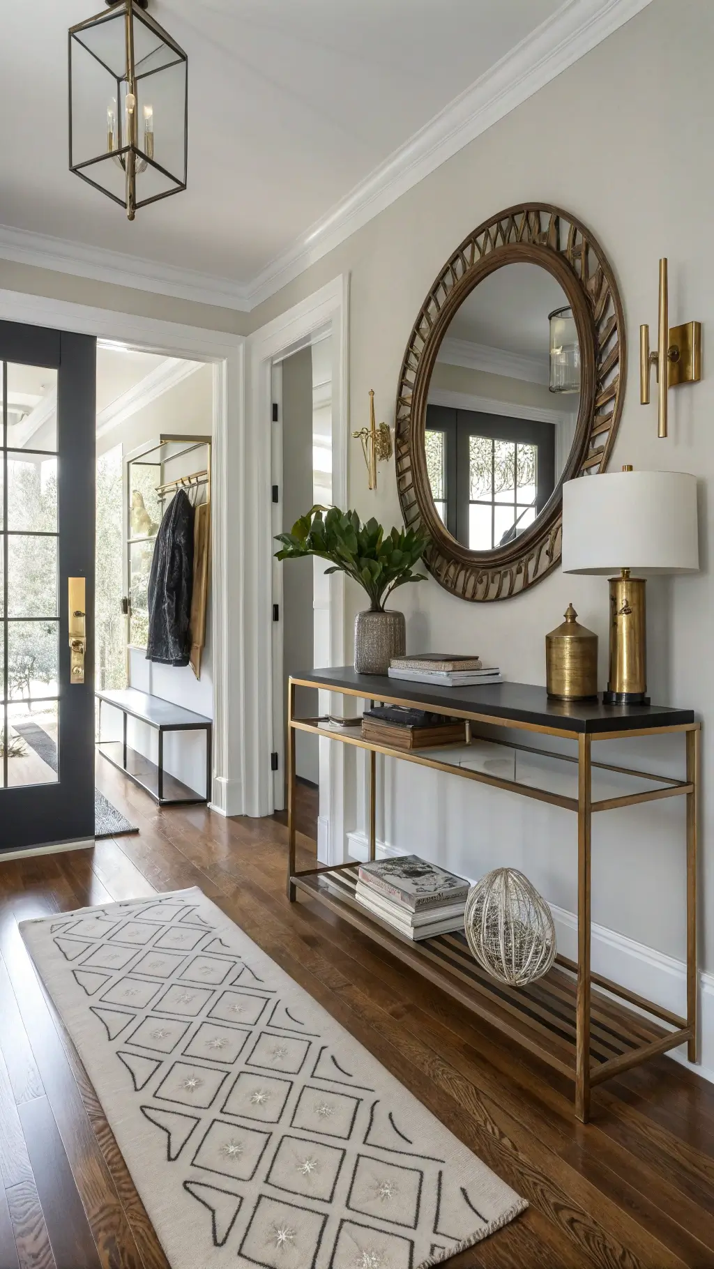 Modern entryway with a 12x14ft layout, featuring a sleek console table adorned with vintage brass accents. A contemporary abstract runner lies over original hardwood floors. An antique convex mirror hangs above minimalist coat hooks. Mixed metal finishes in gold and black, with natural and subtle artificial lighting highlighting architectural details. Shot from the front door perspective.