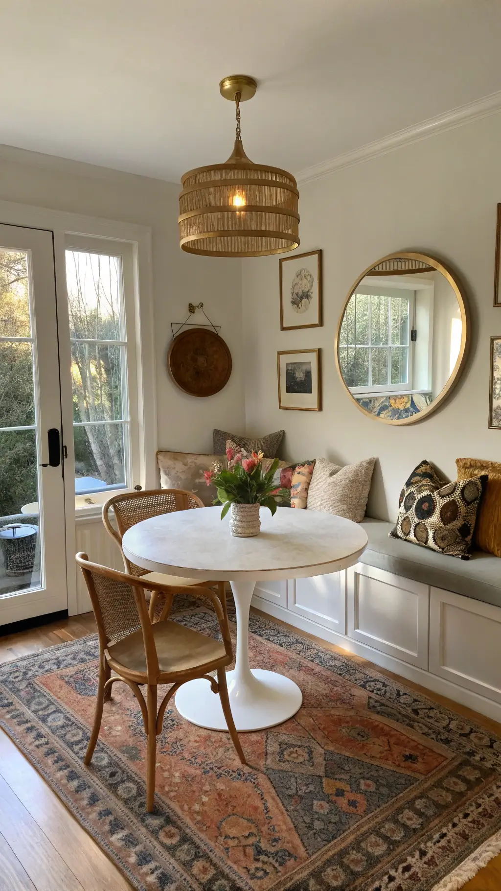 Cozy 10x12ft breakfast nook with a round tulip table surrounded by vintage bentwood chairs. Built-in banquette with assorted modern and vintage pillows. A contemporary pendant light hangs over an antique Turkish rug. Gallery wall features a mix of vintage mirrors and modern art. Warm golden hour light highlights rich wood tones and brass accents.