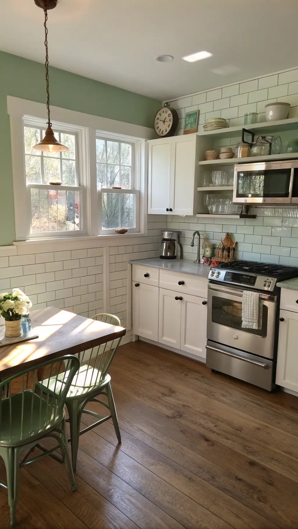 Corner view of a 10x12ft kitchen with sage green walls, white subway tile backsplash, and golden hour light casting shadows on oak flooring. Stainless steel appliances complement vintage-style cup pulls and glass-front cabinets. A restored 1950s kitchen table with modern ghost chairs sits near floating shelves displaying antique scales and enamelware.
