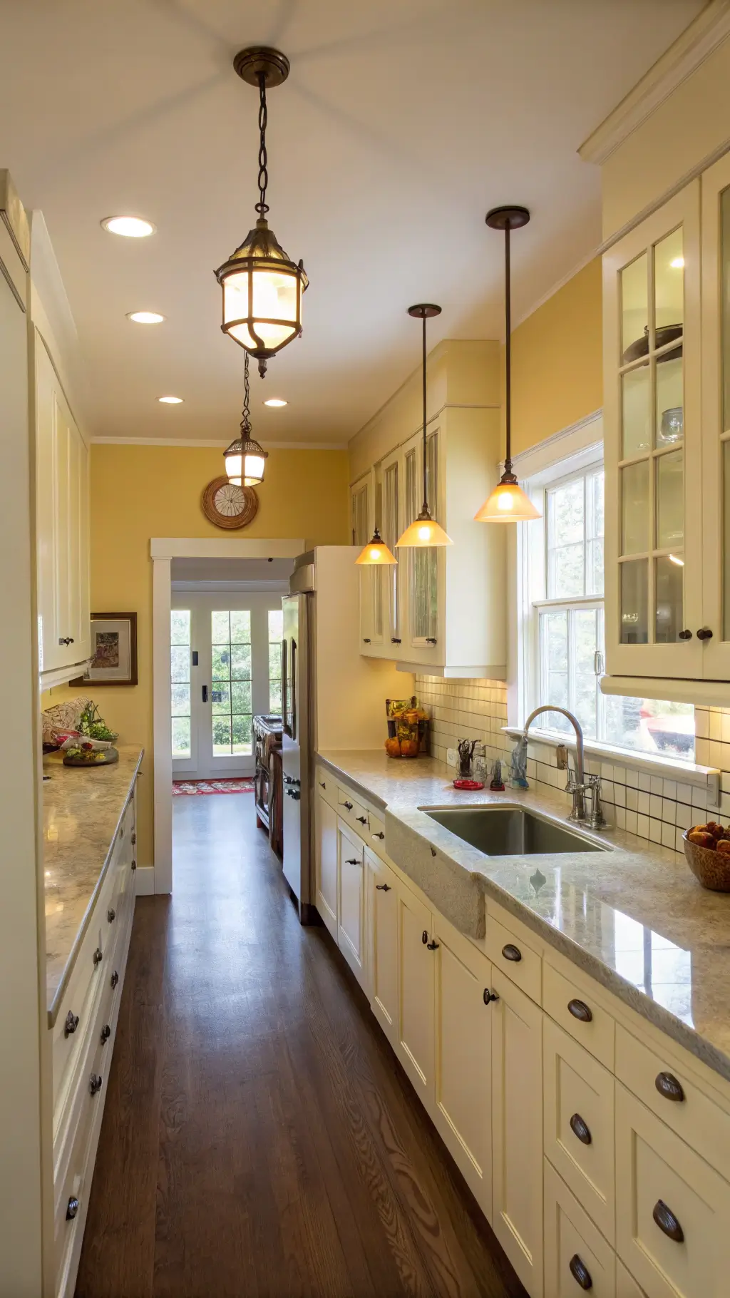 A cozy 8x10ft galley kitchen with buttery yellow walls and cream cabinets featuring original 1940s hardware. Modern quartz countertops contrast with vintage Pyrex displayed in glass-front uppers. Warm morning light and LED under-cabinet lighting enhance the space. A polished copper retro-style pendant hangs above a professional range. Vertical shot from the entrance emphasizes ceiling height.