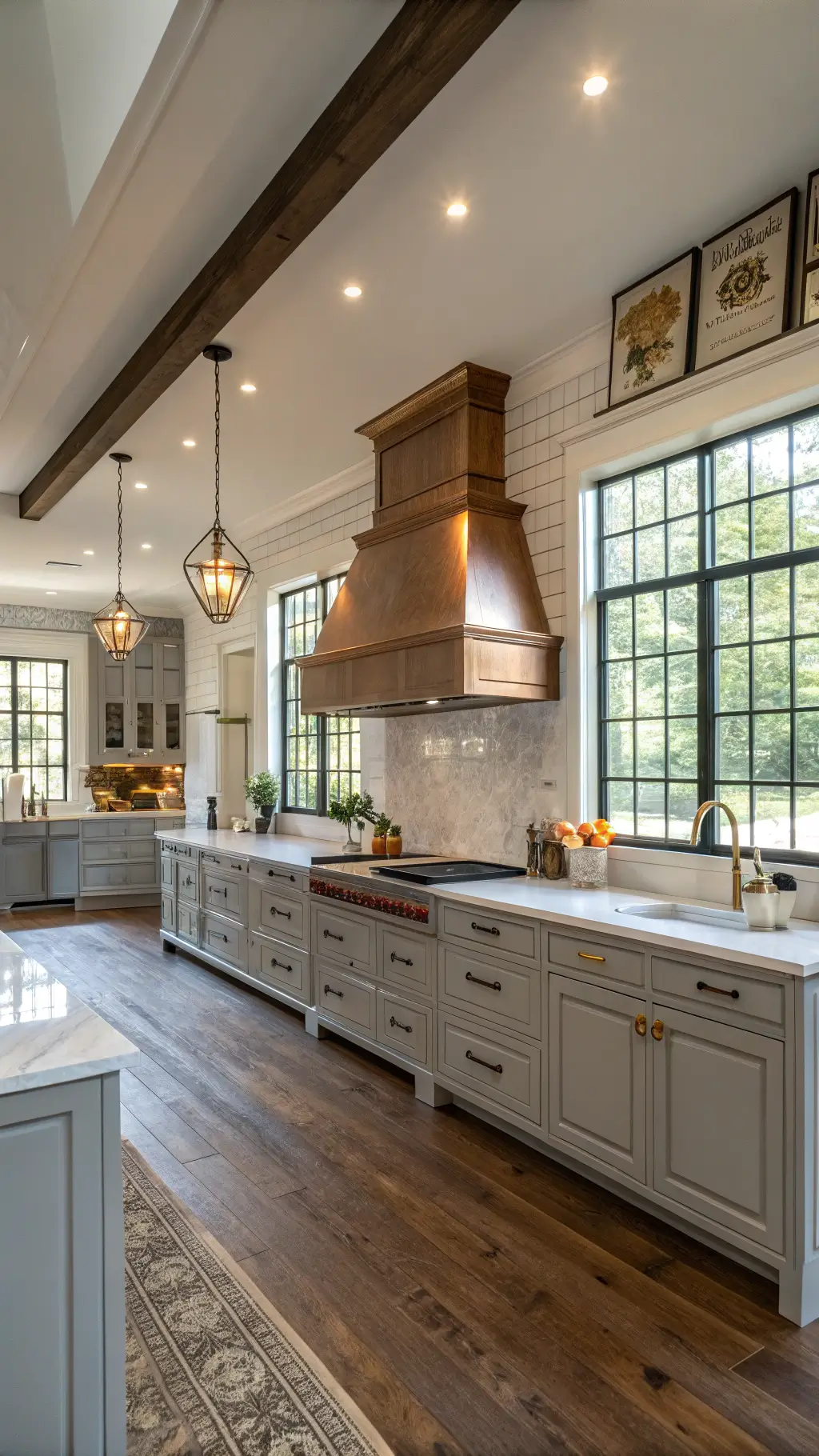 Spacious open-concept kitchen with dove grey flat-panel cabinets, vintage brass bin pulls, and a statement copper range hood. Modern integrated appliances blend seamlessly, while antique cutting boards and enamel signs adorn the walls. Golden hour light streams through steel-framed windows, enhancing the sophisticated mix of vintage and contemporary design.