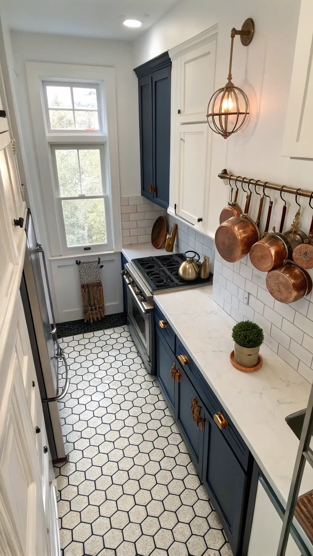 Compact 9x11ft kitchen with original 1930s navy built-ins, white walls, and a vintage-style hexagon tile floor. Modern stainless appliances blend with antique copper cookware on a pot rack. Shot from above, highlighting the floor pattern. Diffused natural and accent lighting create a historically respectful modernization.