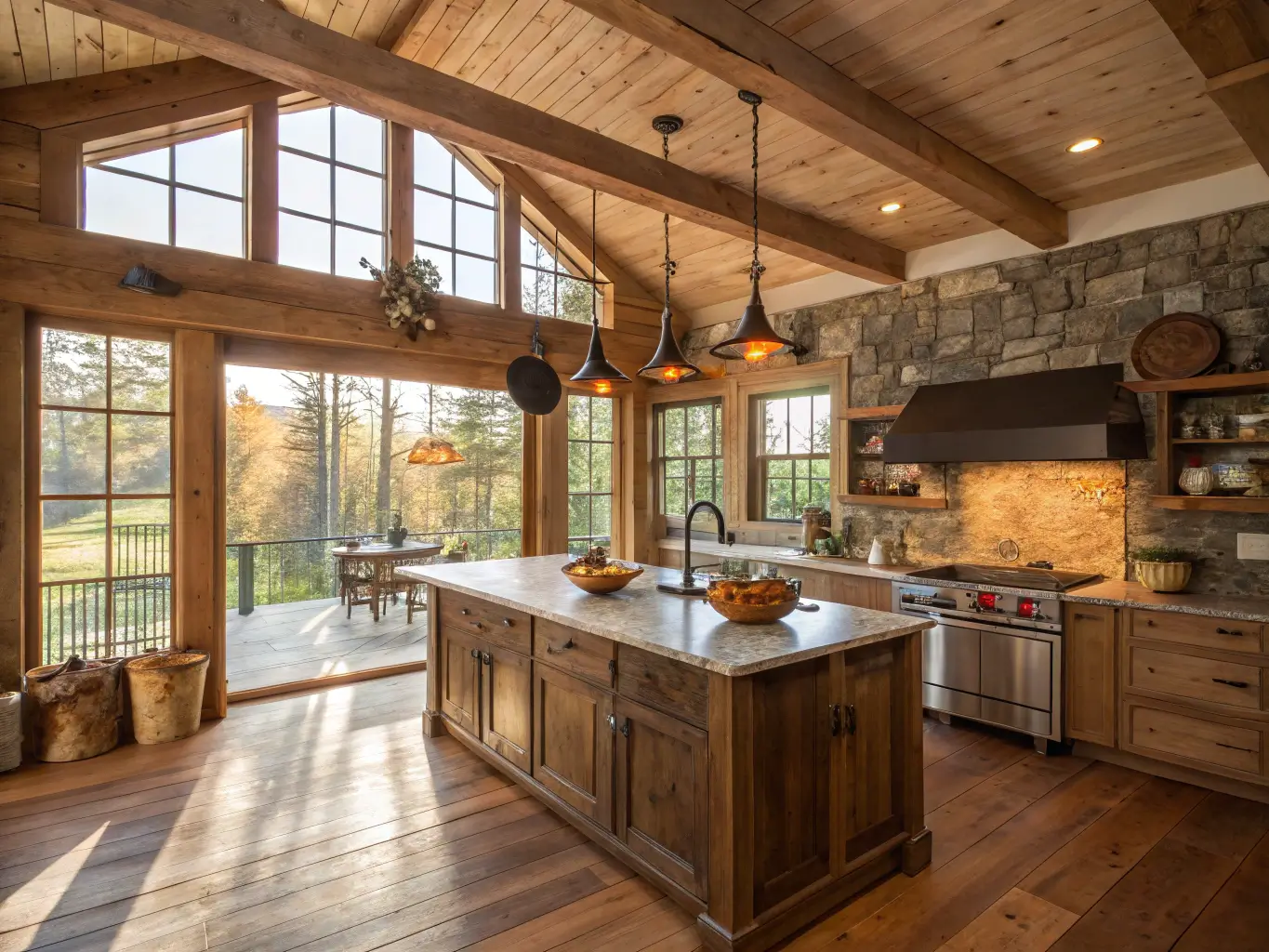 A spacious cabin kitchen at golden hour with sunlight streaming through west-facing windows. Wide-plank reclaimed oak floors lead to a central island with a butcher block top. Exposed cedar beams cross the 10ft ceilings, with cast iron pendant lights hanging above. A farmhouse sink sits below a window with an herb garden. Warm honey-toned cabinets, a natural stone backsplash, and copper pots hanging from an iron rack add rustic charm. Leather bar stools line the island. Woven baskets, fresh bread, and steaming coffee enhance the inviting, lived-in atmosphere.
