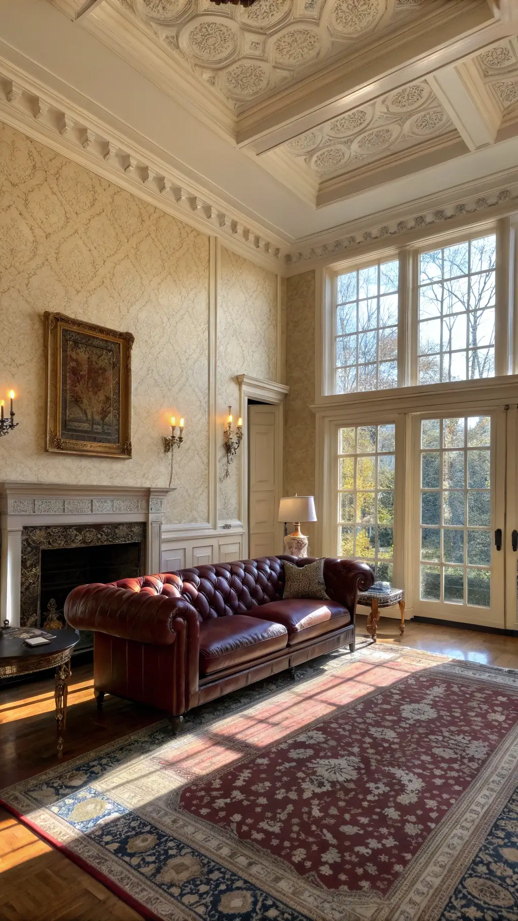 Elegant 1930s living room with a burgundy Chesterfield sofa, Persian rug, antique mahogany side tables, and brass Art Deco floor lamps. Warm sunlight streams through floor-to-ceiling windows, highlighting textured cream wallpaper and an ornate fireplace mantel.