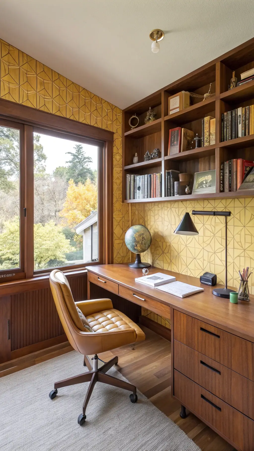 Mid-century modern home office with a teak desk, Eames chair, built-in walnut bookshelves, mustard yellow geometric wallpaper, brass task lamp, vintage globe collection, and large north-facing picture window.