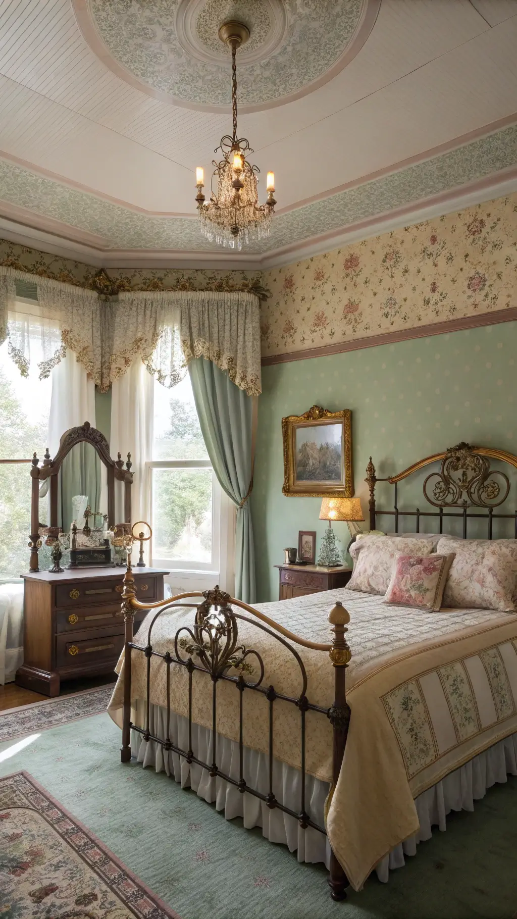Victorian bedroom with ornate iron bed, vintage quilts in cream and dusty rose, antique dressing table with triple mirror, and lace-curtained bay window. Floral sage green wallpaper with gold accents and soft, romantic lighting enhance the historical charm.