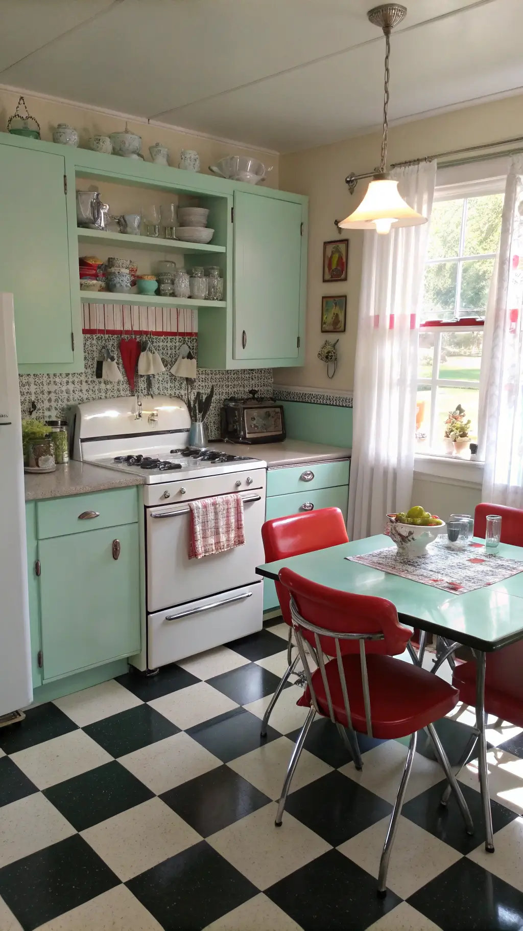 Vintage kitchen with mint green 1950s cabinets, chrome hardware, and a cream enamel Chambers stove. A retro Formica table with red vinyl chairs sits on a black-and-white checkerboard floor. Open shelves display Pyrex and Fire King dishes. Sunlight filters through cafe curtains, enhancing the nostalgic charm.