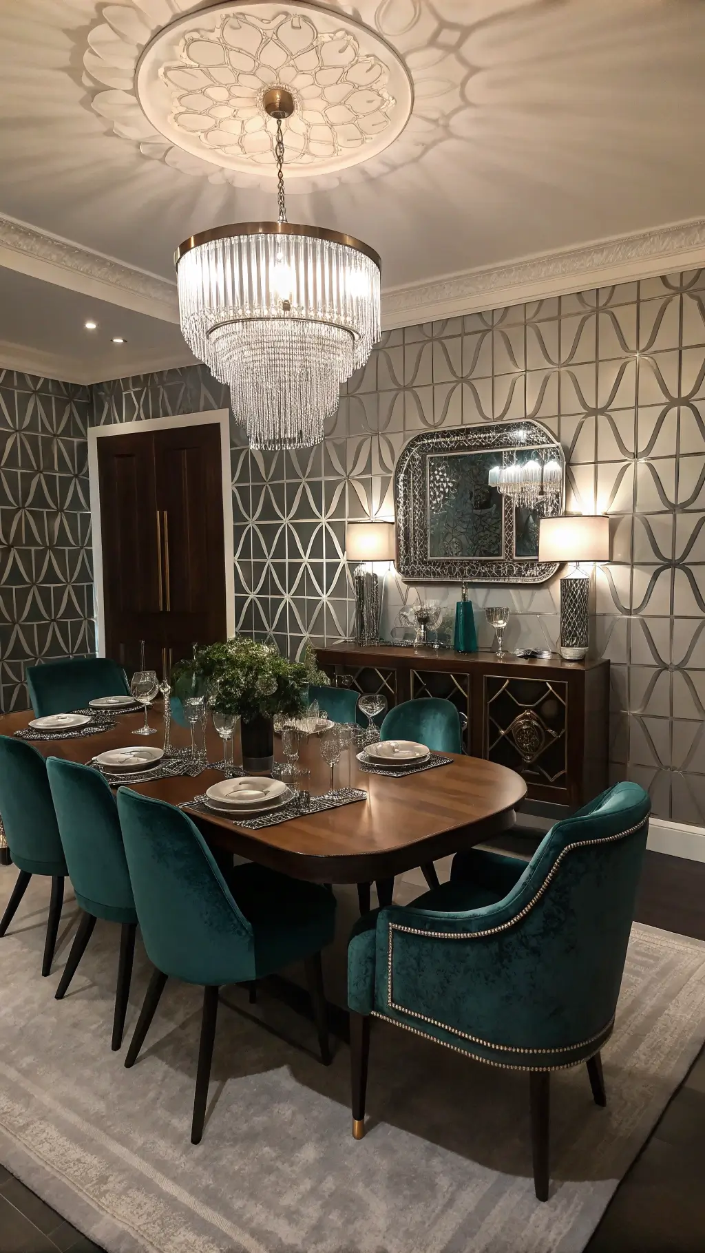 Art Deco dining room with geometric silver and black wallpaper, a walnut dining set with deep teal velvet upholstery, and a crystal chandelier casting dramatic shadows. A mirrored sideboard displays vintage barware, and evening lighting enhances the glamorous atmosphere. Shot from an elevated position, highlighting the table setting and room symmetry.