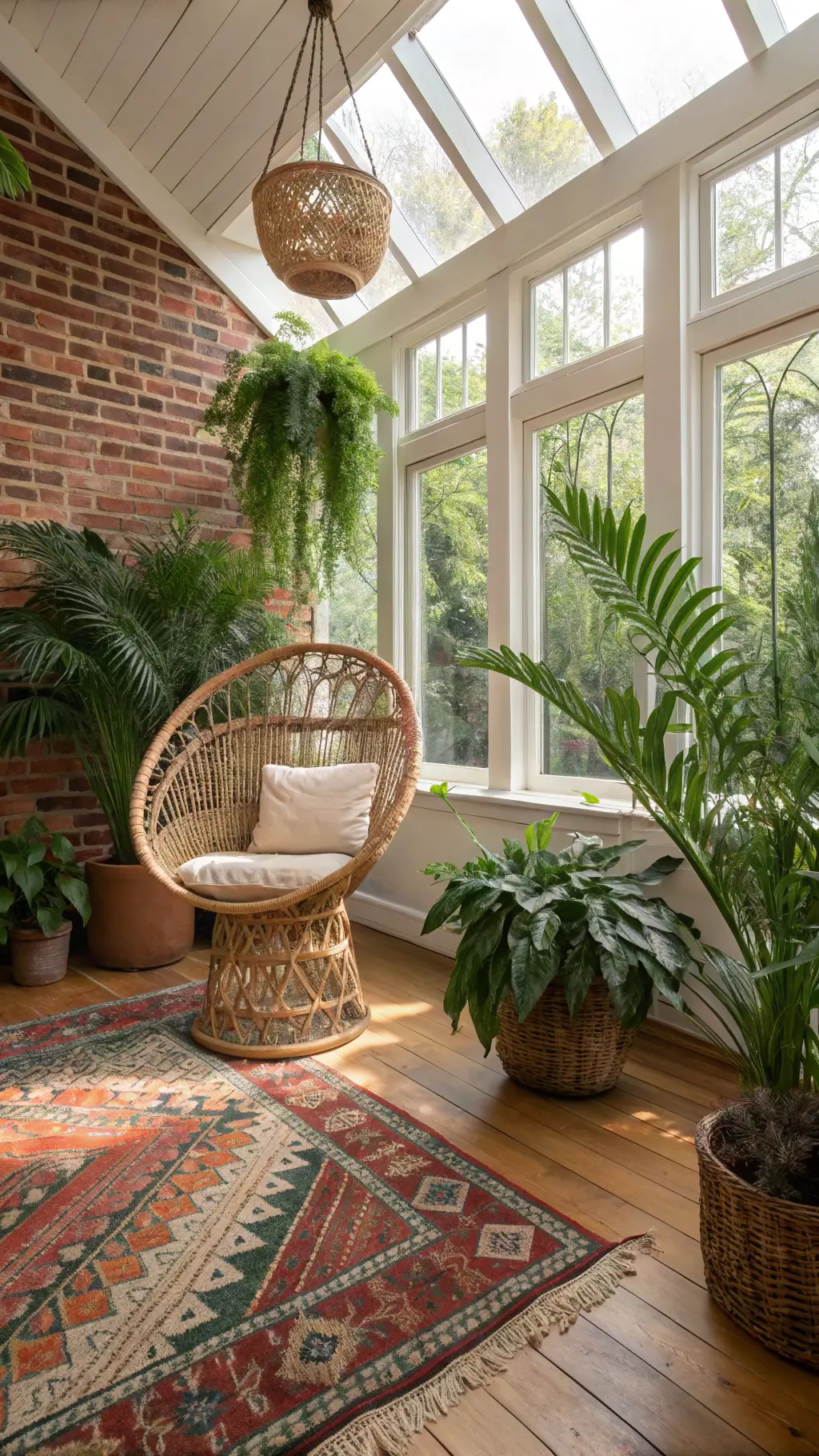 Bohemian sunroom with exposed brick wall and hardwood floors. A rattan peacock chair sits among lush Boston ferns and hanging spider plants in macramé holders. Layered vintage rugs in rich jewel tones cover the floor, while colored glass pieces catch the afternoon light. A low-angle view highlights the height of the plants, creating a serene, natural atmosphere.
