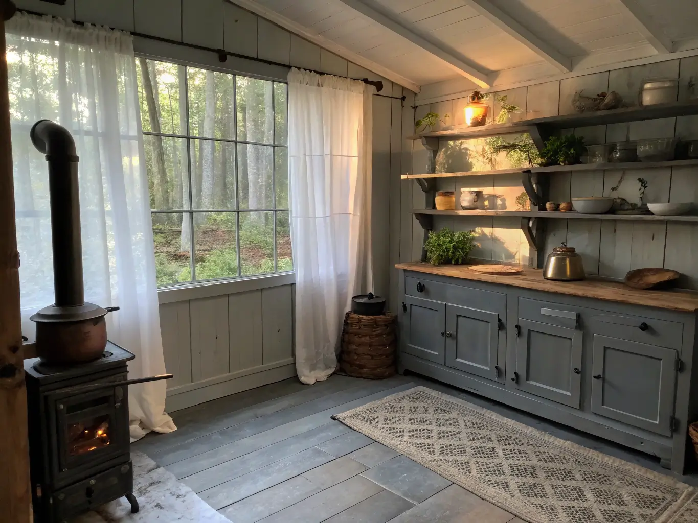 Intimate cabin kitchen corner at dawn with soft morning light through sheer linen curtains. Slate flooring meets tall open shelving in weathered gray wood, displaying vintage enamelware, dried herbs, and pottery. An antique copper kettle rests on a restored wood stove. A handwoven earth-toned runner lies underfoot. Muted sage and cream tones, with diffused lighting highlighting aged textures, create a quiet, contemplative atmosphere.