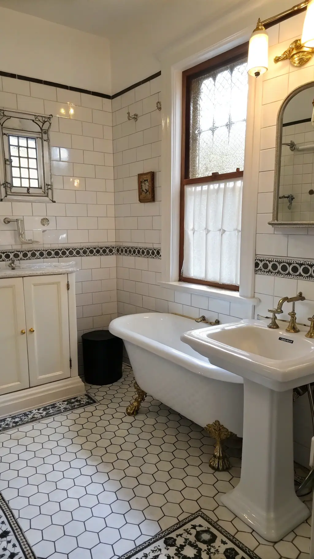 Restored 1940s master bath with white and black hex tile flooring, pedestal sink, claw-foot tub with brass fixtures, and subway tile walls with a decorative border. Vintage medical cabinet and period lighting. Soft early morning light filters through a frosted glass window, highlighting the clean, classic design.