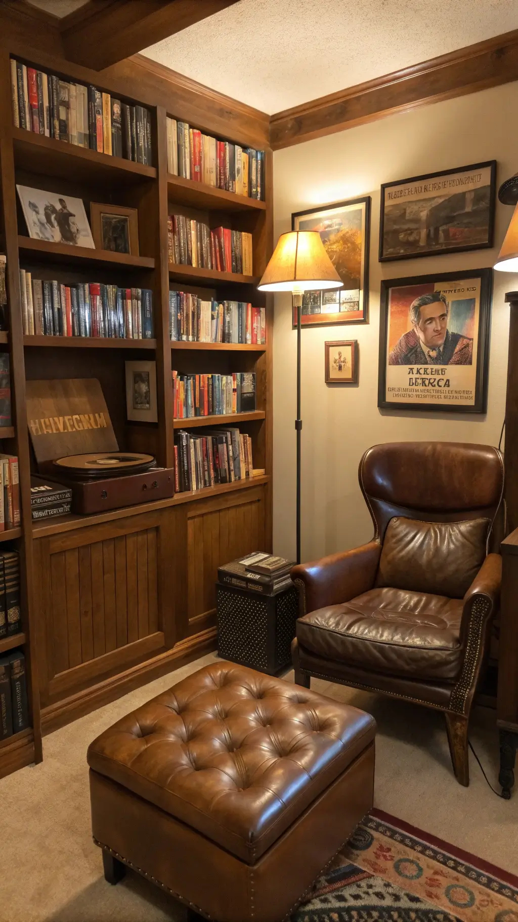 Retro reading nook with floor-to-ceiling warm oak bookshelves, a 1960s leather chair and ottoman, and a brass pharmacy lamp. Vintage movie posters adorn the walls, and a record player sits on a period-correct stand. Late afternoon light enhances the cozy, nostalgic atmosphere in the intimate space.