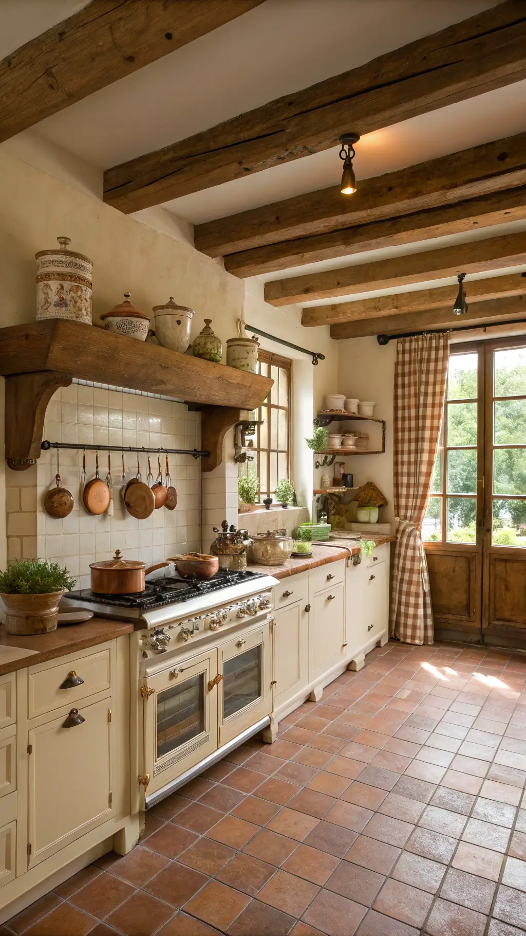 French country kitchen with exposed wooden beams, terra cotta flooring, and a vintage cream enamel range. Copper pots hang from a ceiling rack, and open shelving displays café au lait bowls and ironstone. A window box herb garden sits beneath gingham curtains, with morning light adding warmth to the rustic space.