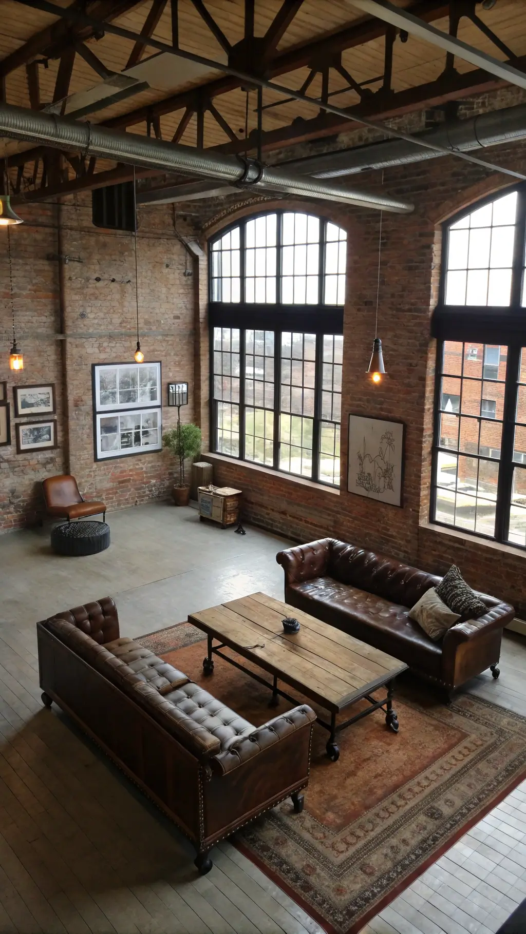 Industrial loft living room with exposed brick walls, vintage leather club chairs, an industrial cart coffee table, and large factory windows casting dramatic light. Antique maps and technical drawings adorn the space, with original steel beams and ductwork visible. A wide-angle view showcases the room's raw, authentic atmosphere.