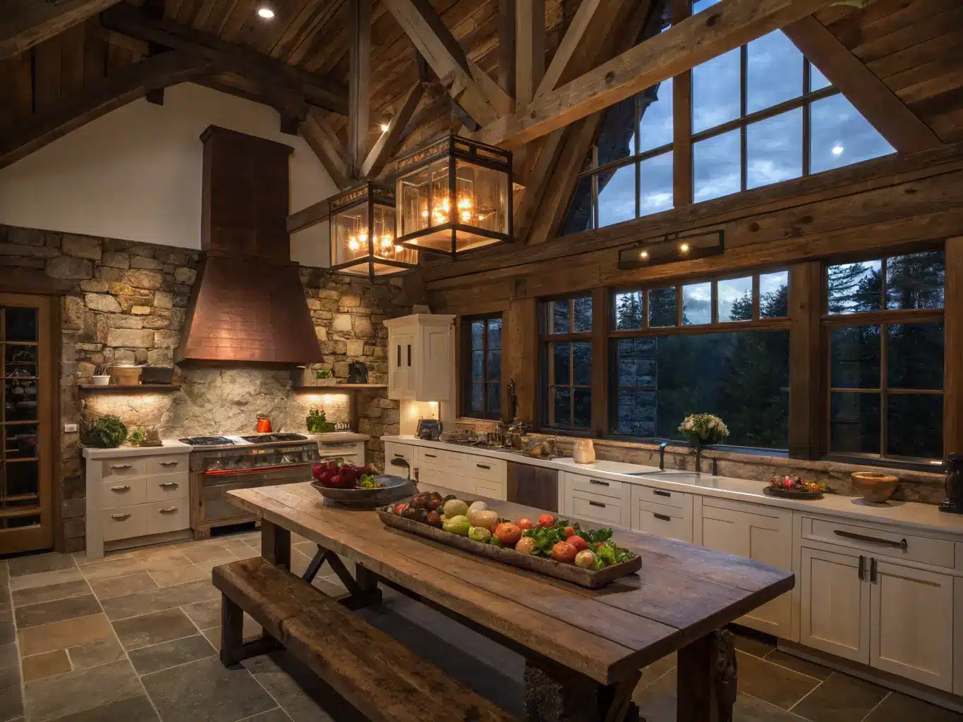 L-shaped cabin kitchen at dusk with cathedral ceiling, rough-hewn beams highlighted by dramatic uplighting. Stone fireplace as focal point, copper hood above professional range. White oak cabinets with black iron hardware. Vintage bread boards on walls. Oversized farmhouse table with bench seating. Market vegetables, cast iron cookware, and wool throws add warmth. Moody lighting enhances texture and shadow, creating a cozy gathering space.