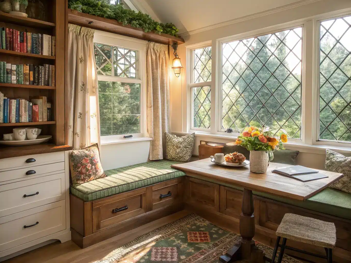 Bright morning kitchen nook with large mullioned windows casting geometric sunlight patterns. Rustic pine table beneath the window, surrounded by a built-in storage bench with quilted cushions in forest greens and browns. Open shelving holds earthenware mugs and vintage books. A copper vessel with fresh flowers sits on the table alongside a morning tea setting with fresh pastries. Natural linen curtains filter the light, enhancing the warm wood tones and cozy, inviting atmosphere.