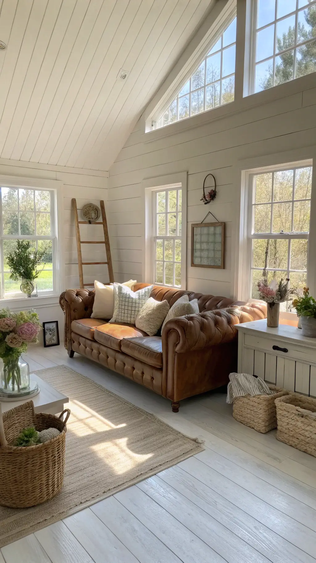 A bright farmhouse living room with wide plank white oak floors and shiplap walls. A weathered leather Chesterfield sofa with textured linen pillows in sage and blush sits in the space. Floor-to-ceiling windows let in late morning light, casting soft shadows. Mason jar wall vases hold wildflowers, and a vintage ladder displays draped quilts. A distressed console table with woven water hyacinth baskets adds charm. Shot from a low corner angle, emphasizing height and natural light.