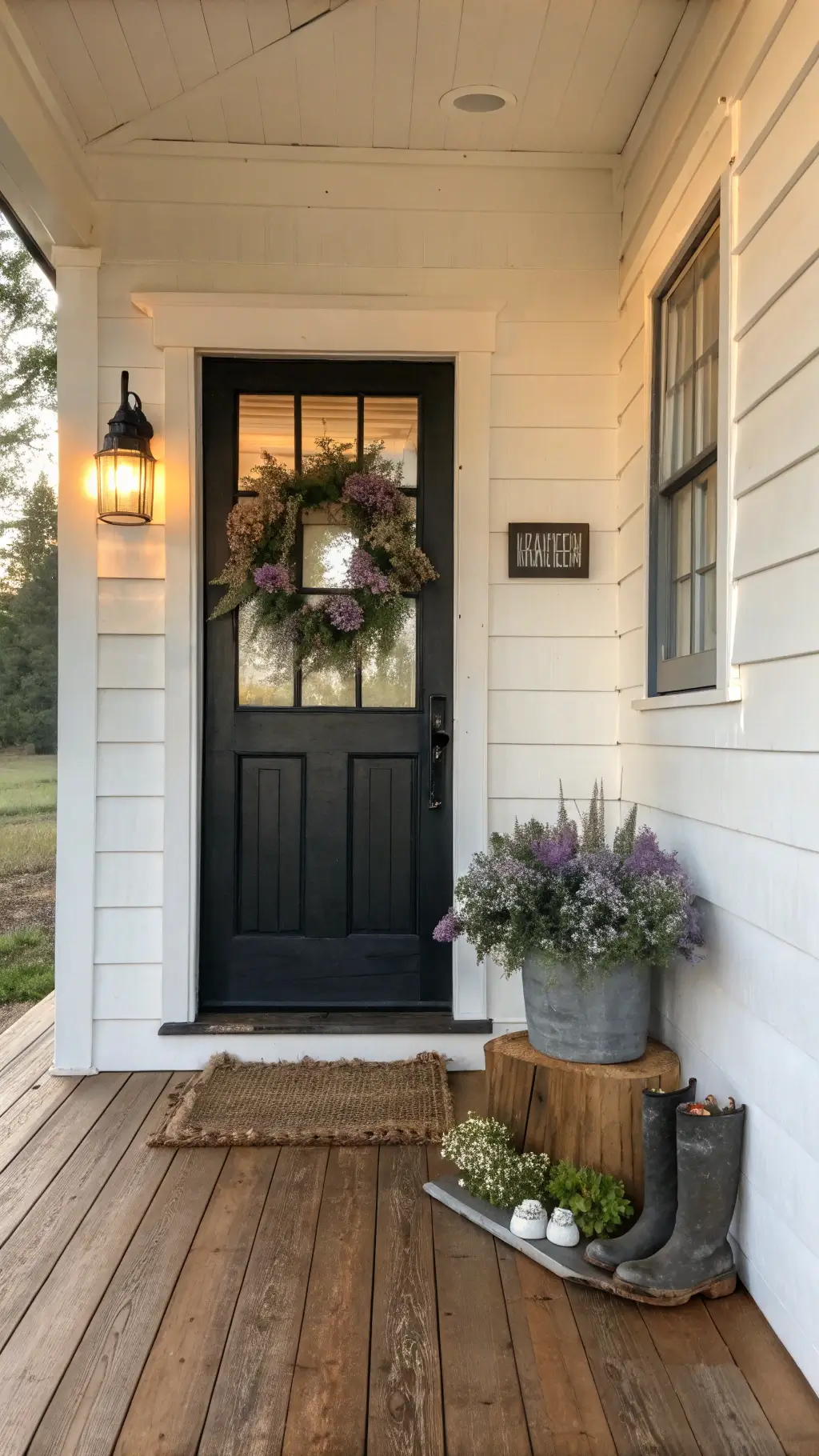 A cozy farmhouse entryway bathed in golden hour light, featuring whitewashed shiplap walls and restored hardwood floors. A vintage black door adorned with a eucalyptus and lavender wreath stands as the focal point. A galvanized boot tray below holds garden boots and fresh-cut flowers. An organic gallery wall of white-washed frames adds charm.
