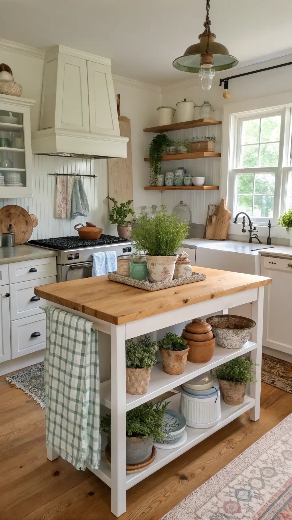 A bright farmhouse kitchen with white Shaker cabinets, a butcher block island adorned with vintage enamelware and terracotta pots of fresh herbs. Open shelves display pastel Depression glass and white ironstone. Gingham tea towels add subtle color. Sunlit mid-morning scene captured from a 45-degree elevated angle.