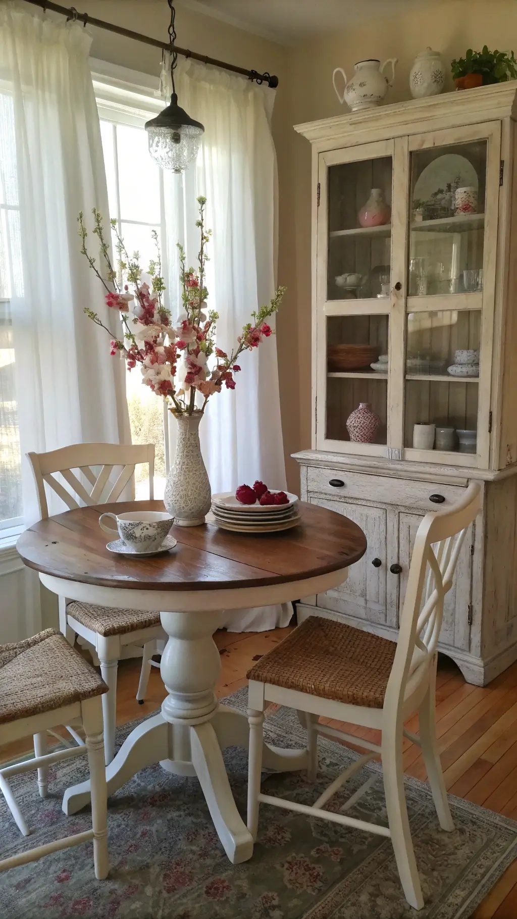 A cozy breakfast nook at dawn with soft light through sheer linen curtains. A round weathered oak pedestal table is surrounded by vintage creamy white chairs. A distressed china cabinet holds muted spring-hued pottery. A tall pitcher with fresh cherry blossoms adds height, enhancing the intimate morning ambiance.