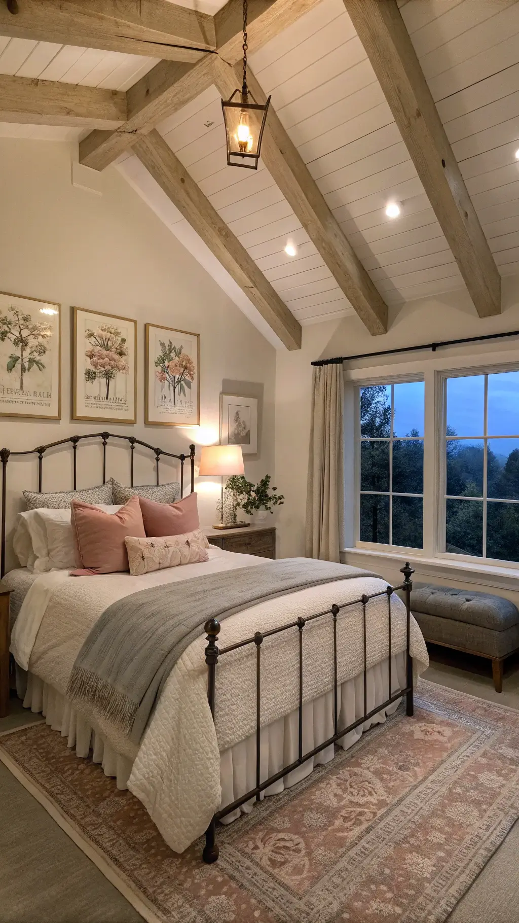 A cozy 14x16ft master bedroom at dusk with a vaulted ceiling and exposed whitewashed beams. An iron bed with soft gray and blush rumpled linen bedding sits at the center. Vintage botanical prints in brass frames adorn the walls. A large window, flanked by window seats with textured pillows, invites soft evening light. The perspective from bed height enhances the warm, layered atmosphere.