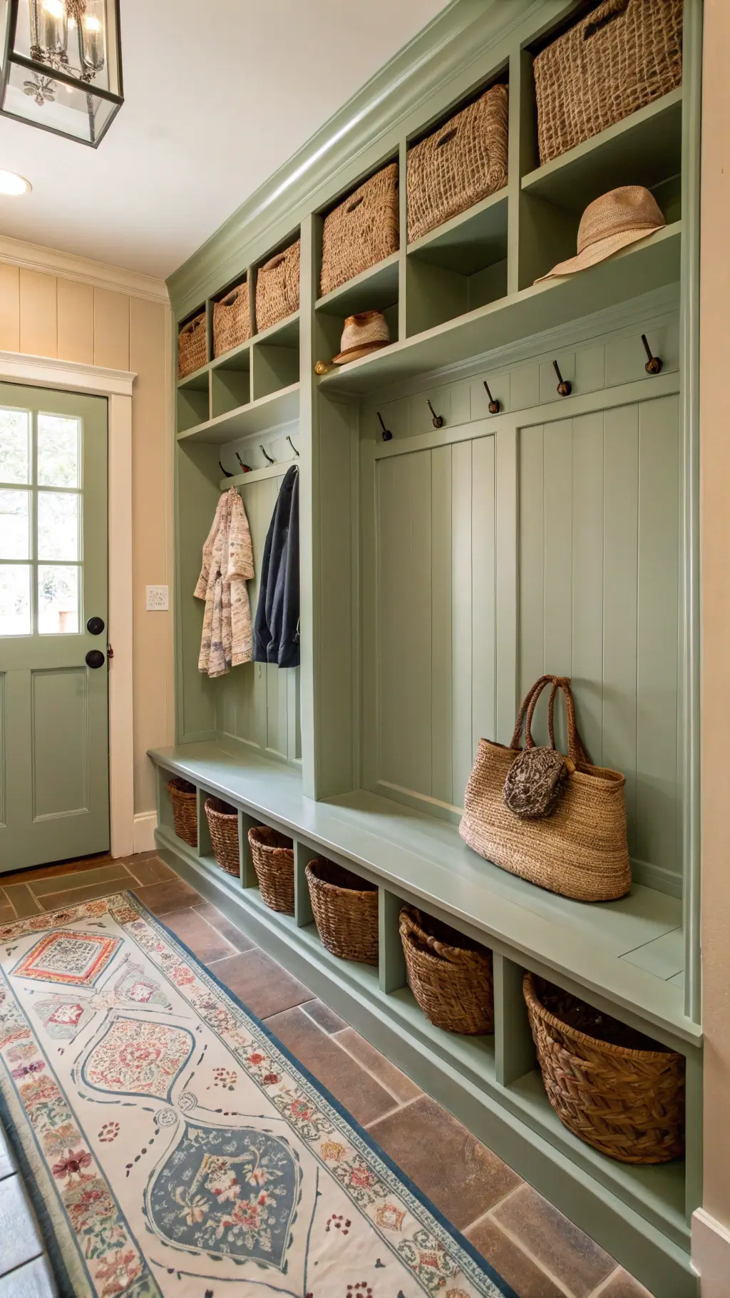 A cozy 10x12ft mudroom bathed in afternoon light, featuring built-in sage green beadboard lockers with woven baskets on upper shelves. Brass hooks hold straw hats and market bags, while a vintage runner in faded blues and creams leads to a Dutch door.