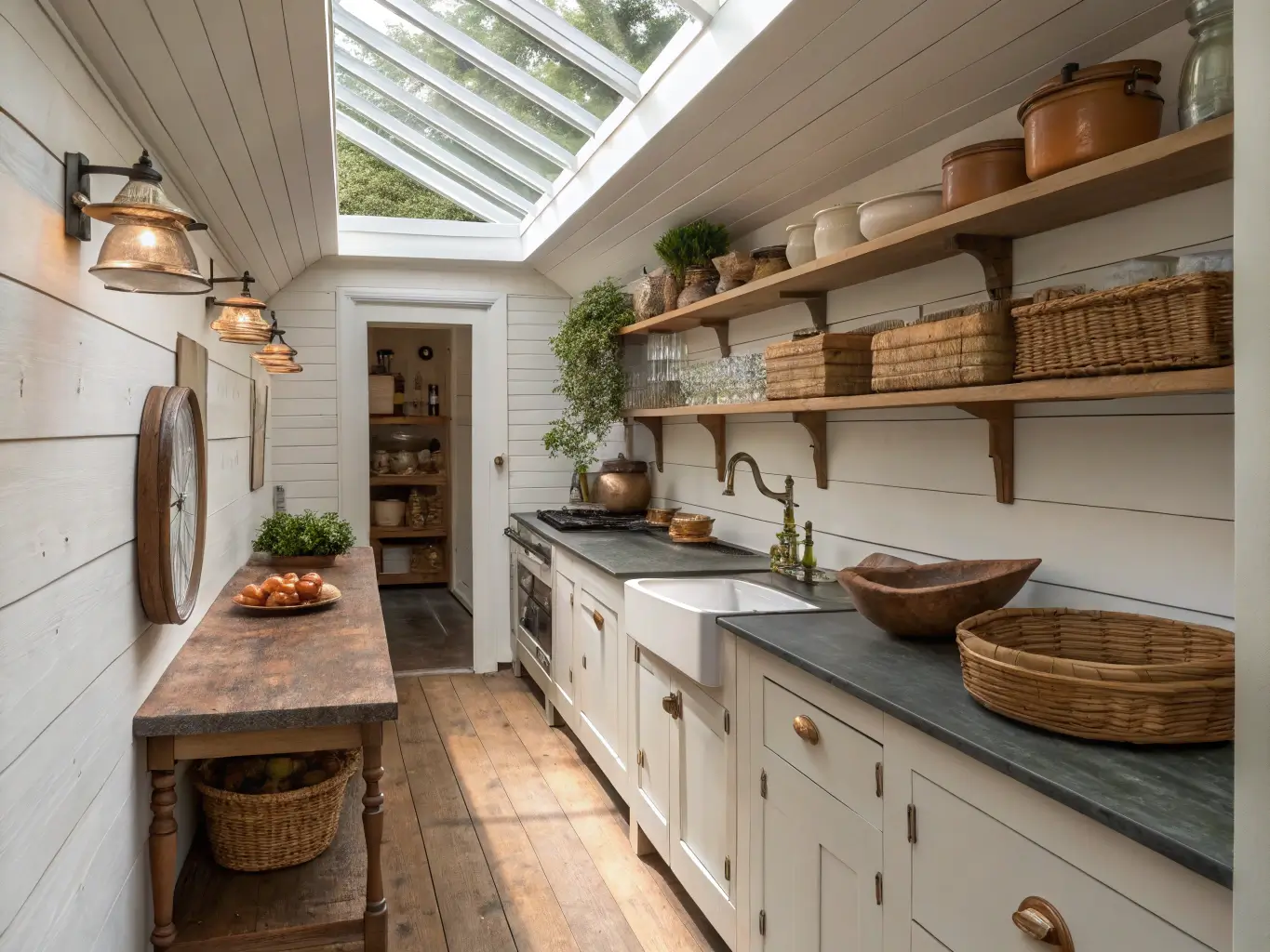 Galley cabin kitchen at midday with natural light from a skylight. Soapstone counters contrast with warm white shiplap walls. Copper pipe open shelving holds preserved goods, vintage scales, and antique cutting boards. Fresh herbs in terracotta pots and woven baskets with produce add warmth. Earth-tone palette with copper accents. Linear perspective emphasizes the organized, practical space.