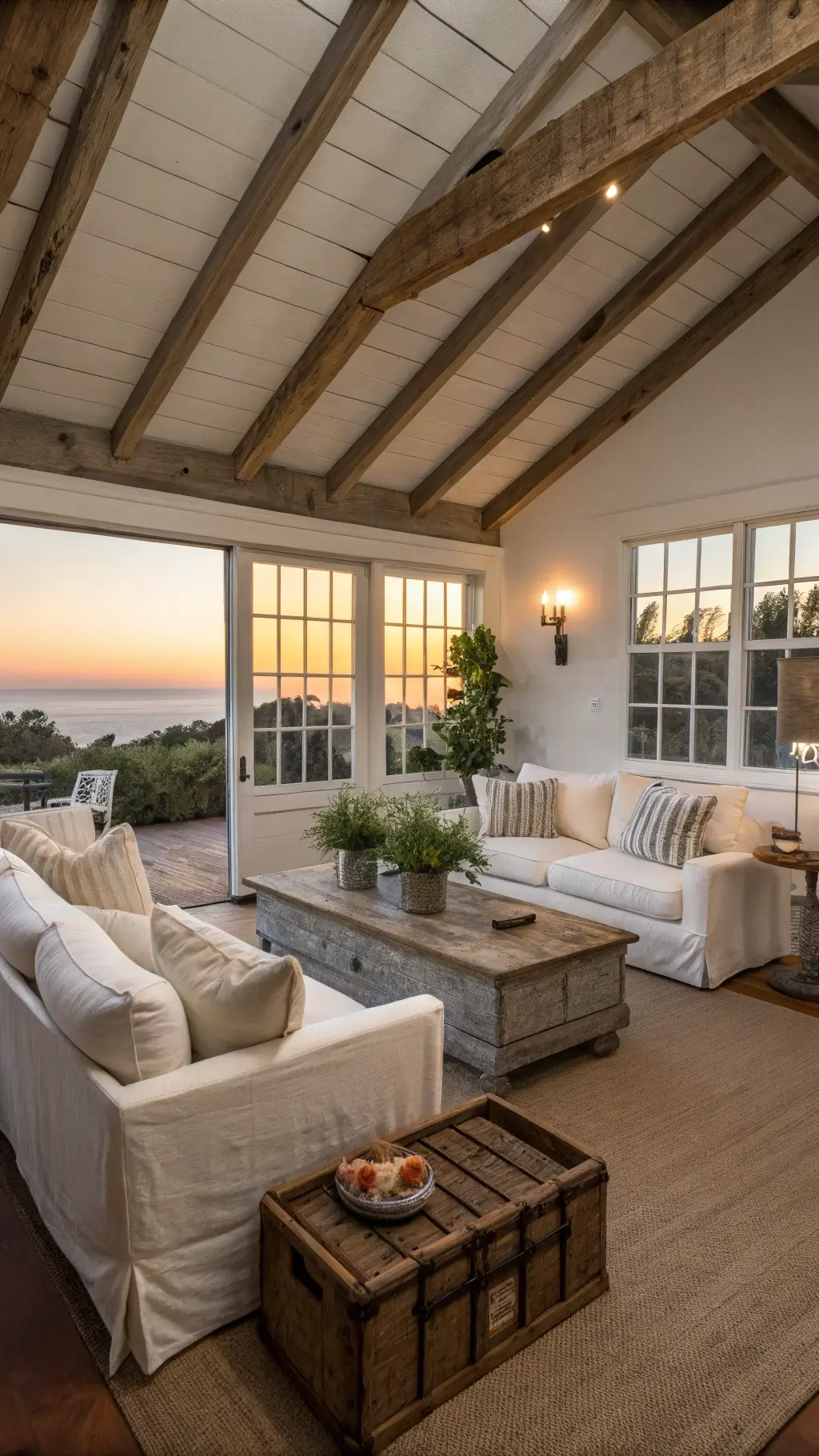A cozy 18x22ft family room at sunset with exposed wood ceiling beams contrasting against light walls. Slipcovered linen sofas encircle a weathered coffee table, with vintage crates as side tables. Fresh greenery in galvanized containers adds warmth, while golden evening light filters through the space.