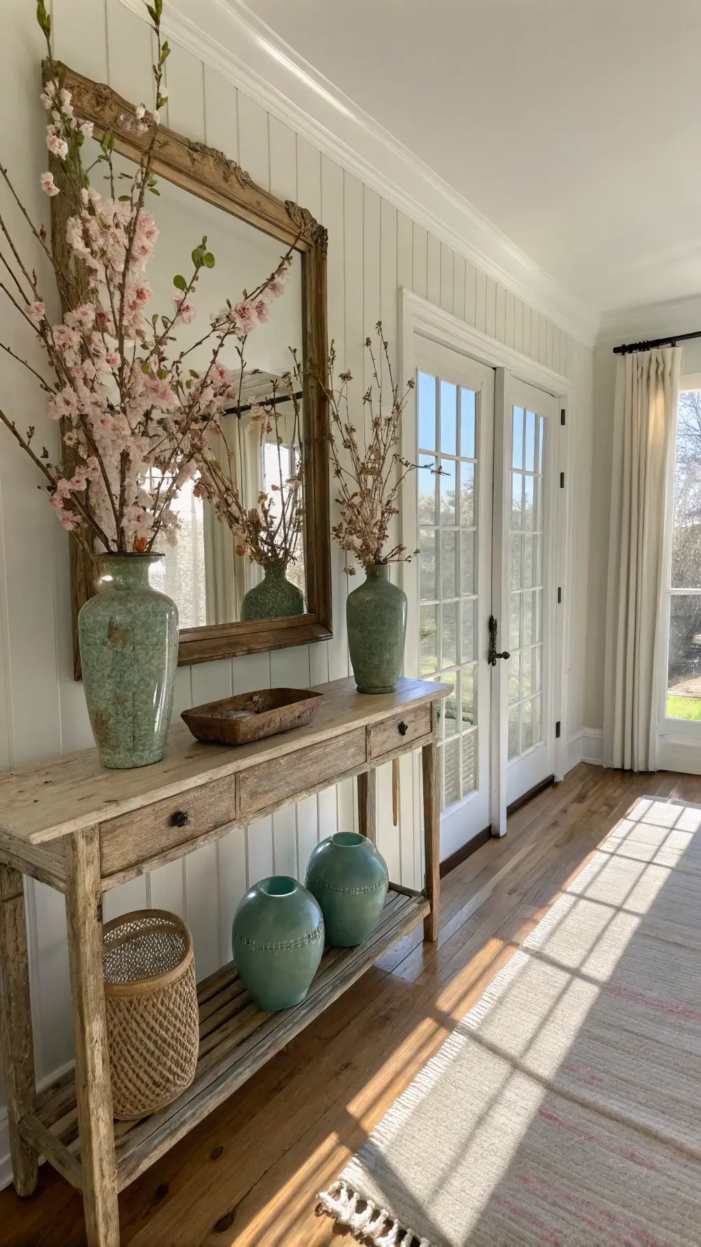Sunlit entryway with a weathered console table, cherry blossoms in a glass vase, a vintage brass mirror, and sage green ceramic vessels. Light linen curtains billow as golden hour light highlights creamy white walls and pale wood floors with a natural fiber runner.