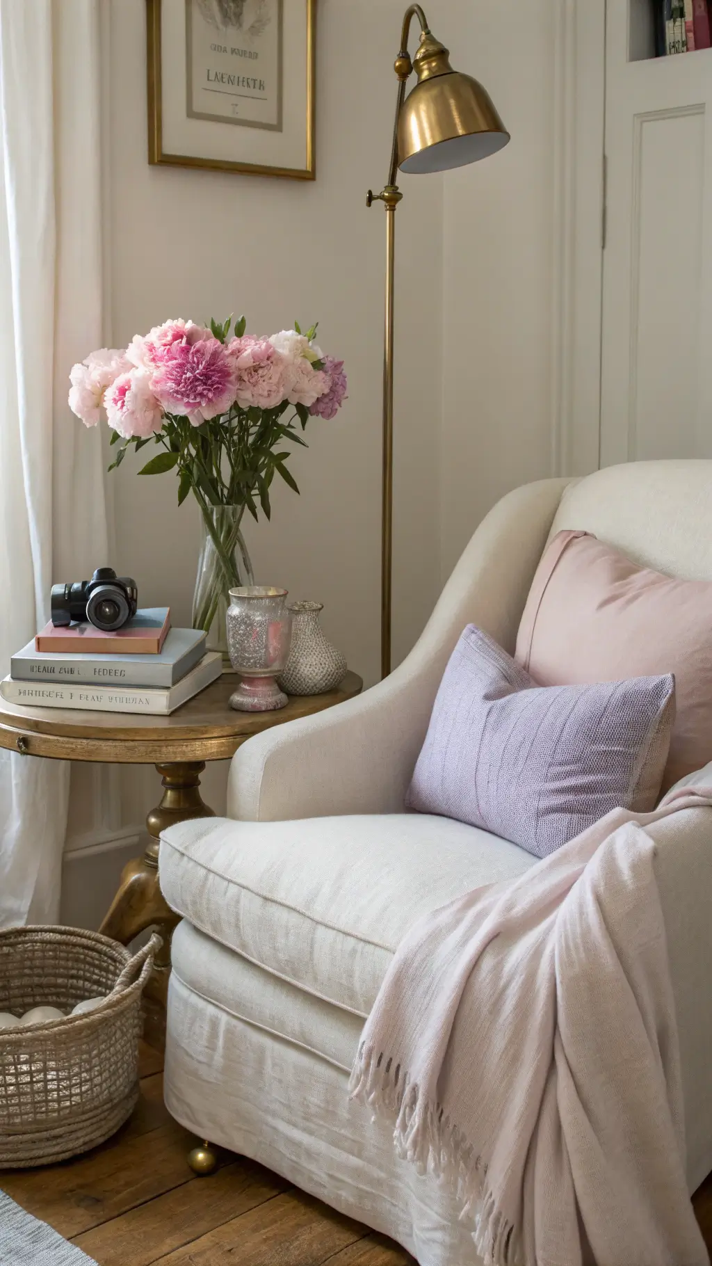 Cozy living room corner with a cream linen armchair adorned with blush pink and lavender throw pillows. A brass floor lamp casts warm light on a weathered side table holding stacked white books, fresh peonies in a glass vase, and a ceramic vessel.