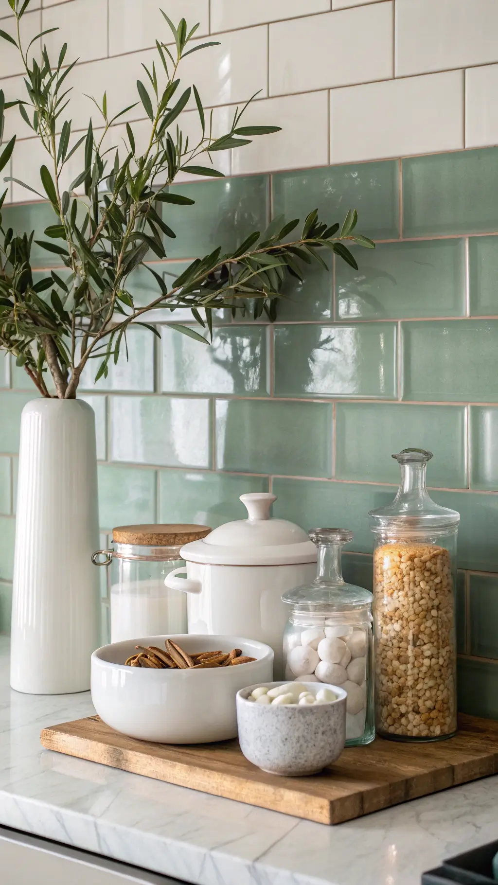 Kitchen styling detail with white ceramics, clear glass canisters of pantry items, and an olive branch in a tall vase on a marble countertop. Soft sage green subway tile backsplash adds depth, with natural side lighting highlighting textures.