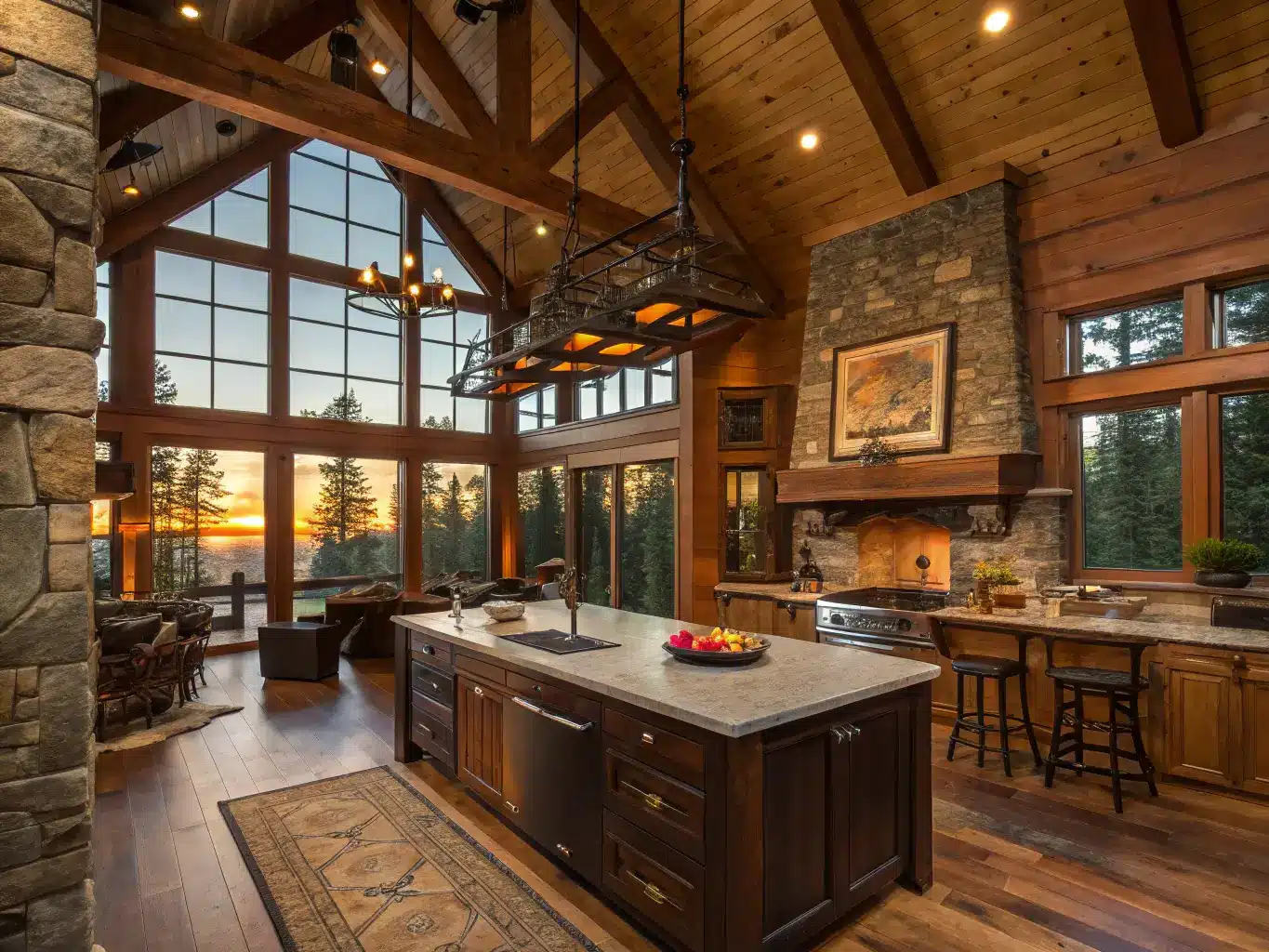 Grand cabin kitchen with a double-height ceiling at sunset, bathed in golden light from clerestory windows. A massive center island with a live-edge walnut top anchors the space. A stone accent wall with an integrated fireplace adds warmth, while a black iron pot rack hangs from exposed trusses. Vintage kitchen tools decorate the walls, and sheepskin throws soften the bar stools. Rich browns, deep greens, and copper highlights create a luxurious yet rustic atmosphere, with dramatic lighting emphasizing the room's height.