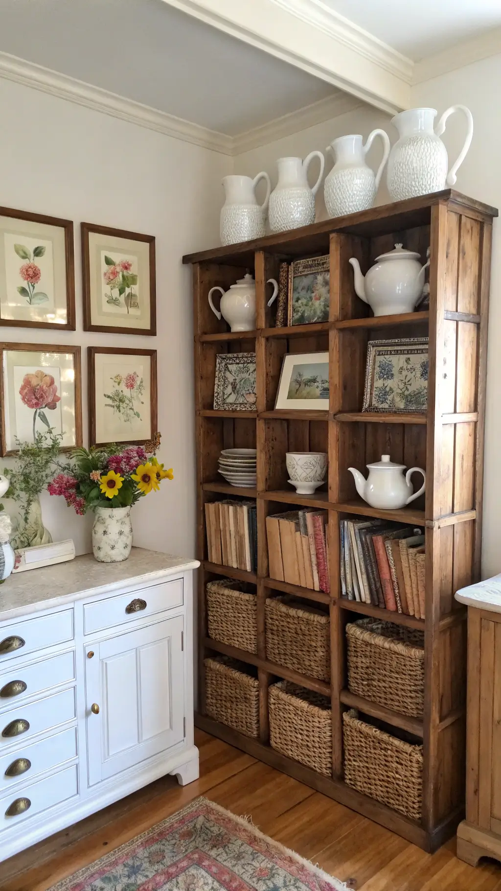 A cozy 10x8ft breakfast nook with a vintage crate storage wall unit. Early morning light highlights ironstone pitchers, woven baskets, and botanical prints in brass frames. The space is styled with spring blooms and vintage books, with warm rim lighting accentuating the details.