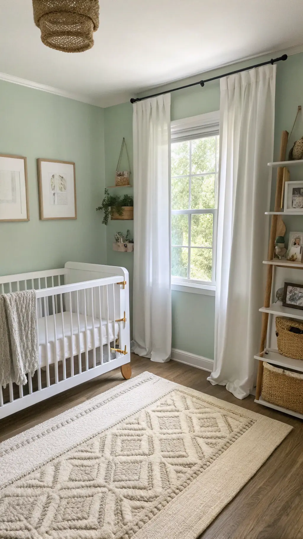 A serene nursery with pale sage green walls, softly lit by morning light through layered white sheer and gray blackout curtains. A modern white convertible crib sits as the focal point, with a natural jute rug grounding a plush oatmeal glider in the corner. Floating white shelves hold matte gold frames and soft toys. The textures of knitted blankets and organic cotton bedding add warmth to the inviting space.