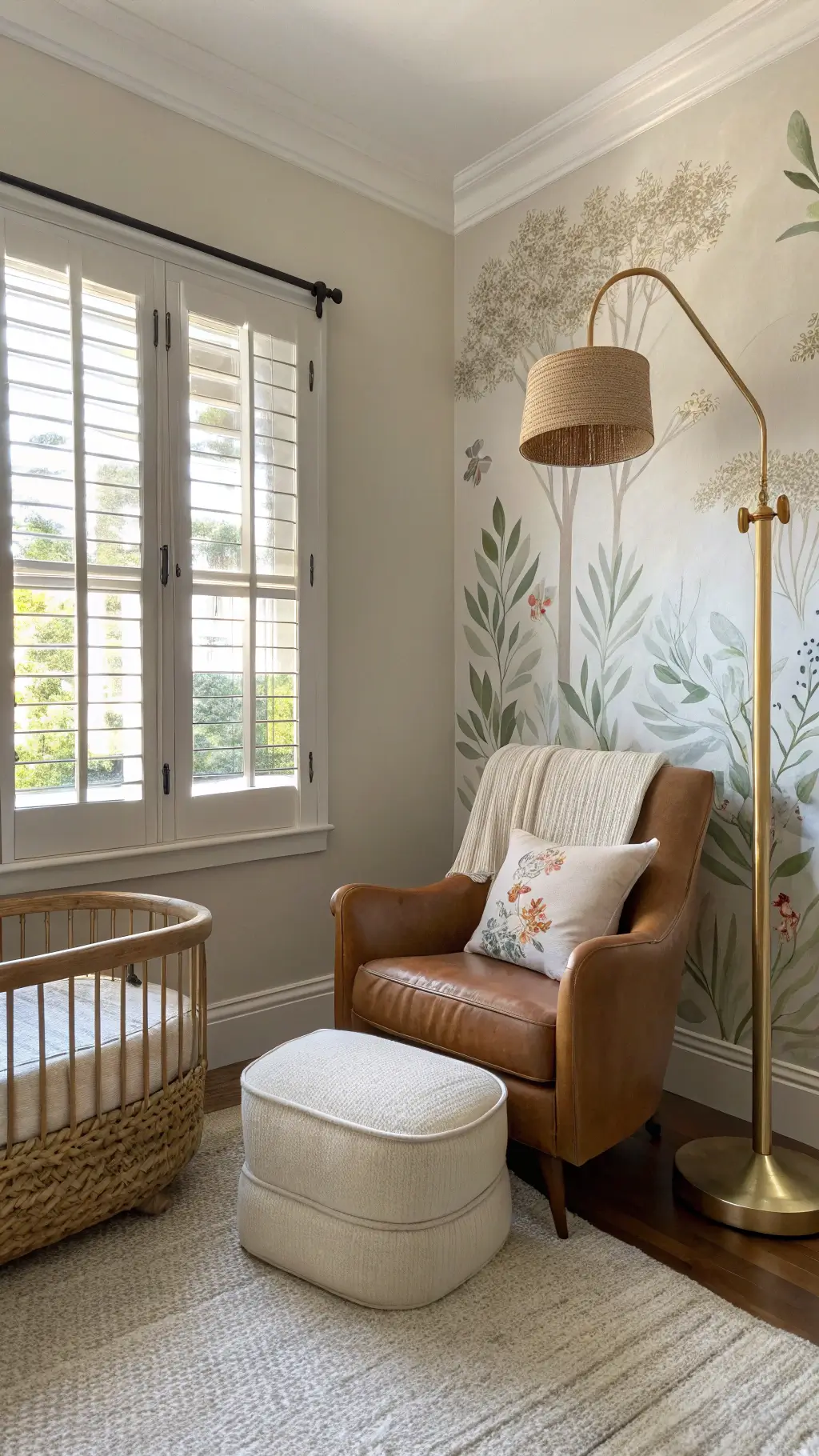 Nursery corner with warm greige walls featuring a hand-painted botanical mural. A premium leather glider sits beside a brass floor lamp, forming a cozy feeding nook. A cream wool pouf and handwoven storage basket add texture. Golden hour light filters through plantation shutters, casting gentle shadows.