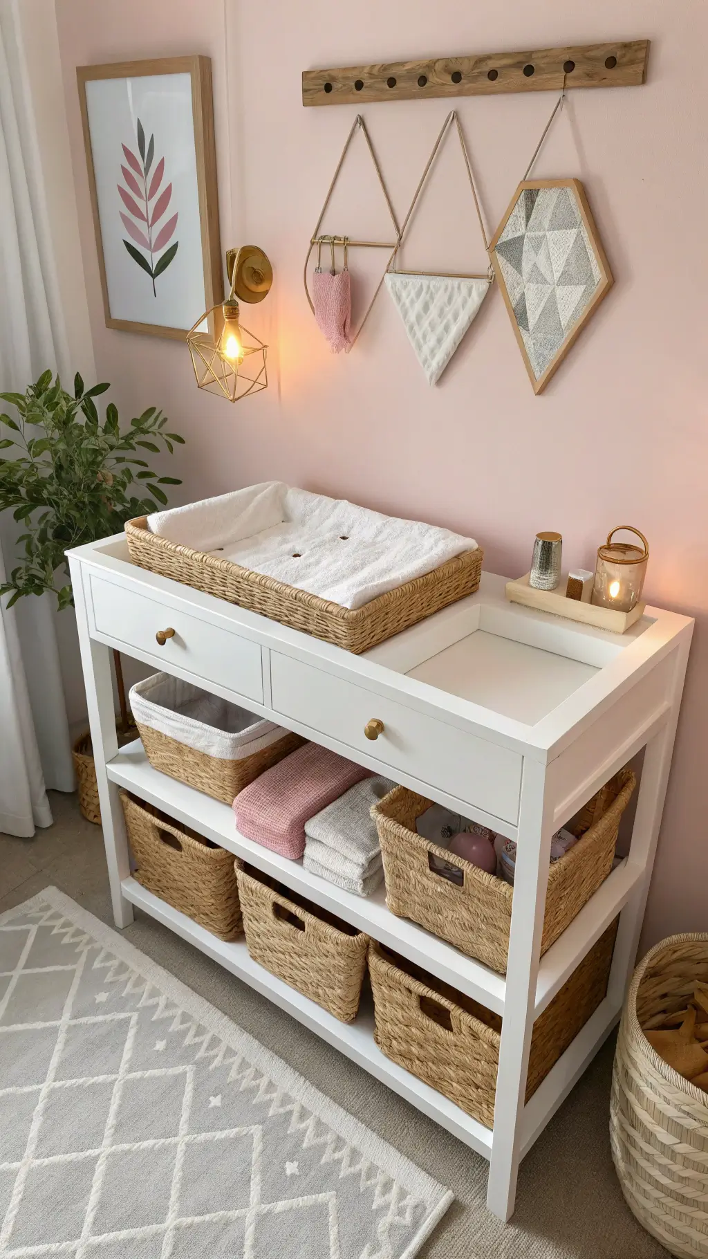 Overhead view of a neatly organized white wooden changing table against a blush pink accent wall. Woven baskets and folded organic linens provide storage, while brass hardware adds elegance. A modern mobile with geometric wooden shapes hangs above. Soft, indirect lighting from recessed LEDs enhances the calming atmosphere.