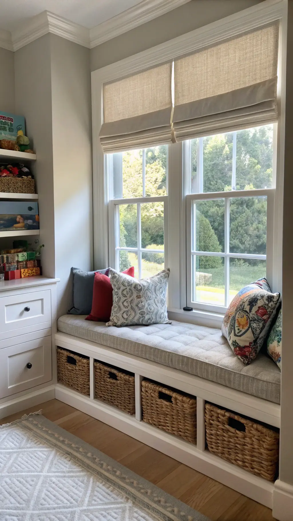 Window nook with built-in bench storage, soft velvet cushions, and rattan baskets for toy organization. Morning light casts dramatic shadows through cordless roman shades, highlighting textured contrasts between wood and fabric.