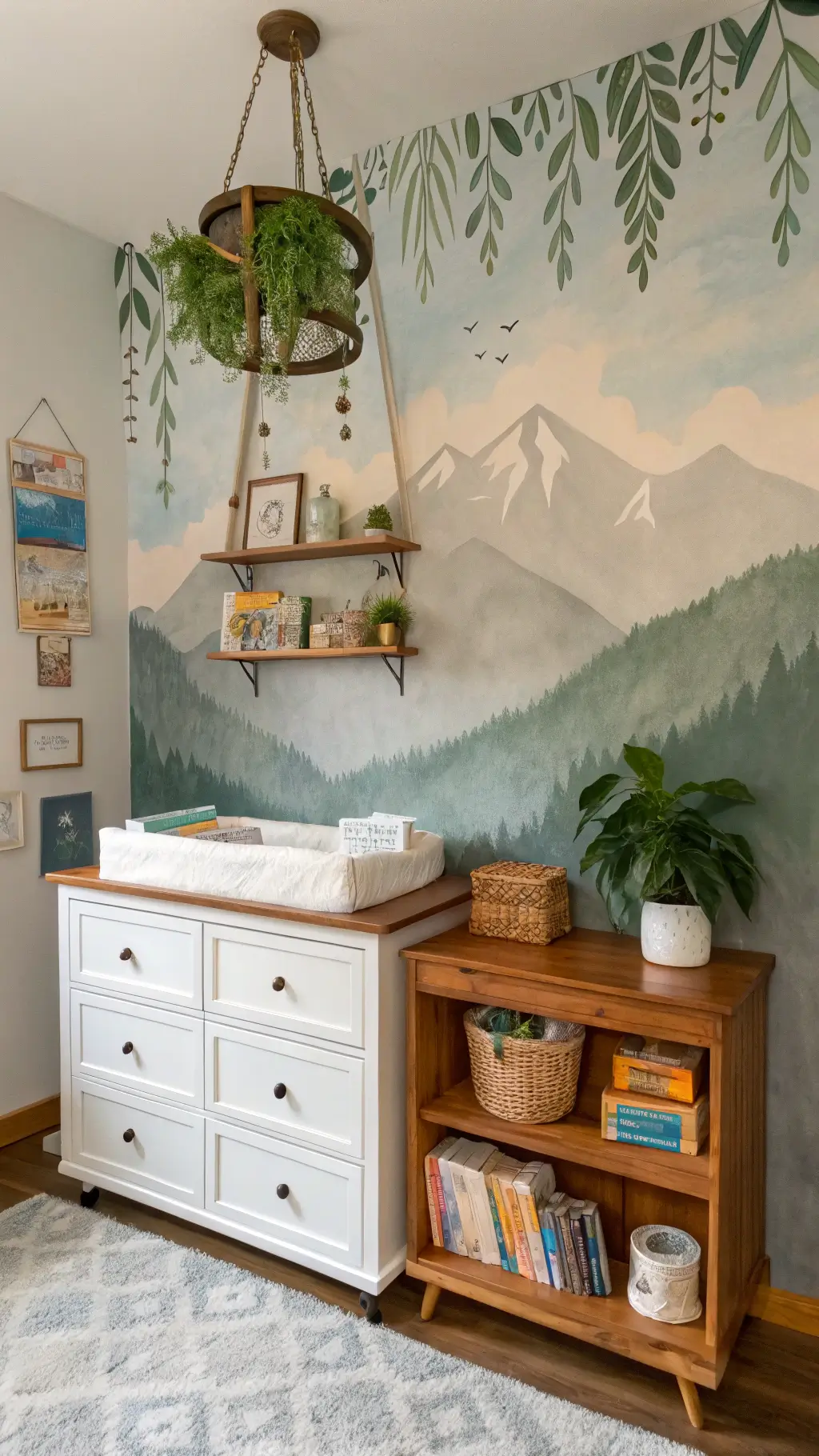 Cozy nursery corner with hand-painted mountain mural, upcycled vintage dresser as changing station, and handcrafted botanical mobile catching soft afternoon light. Floating book ledges display curated children's books, adding a personal and artistic touch.