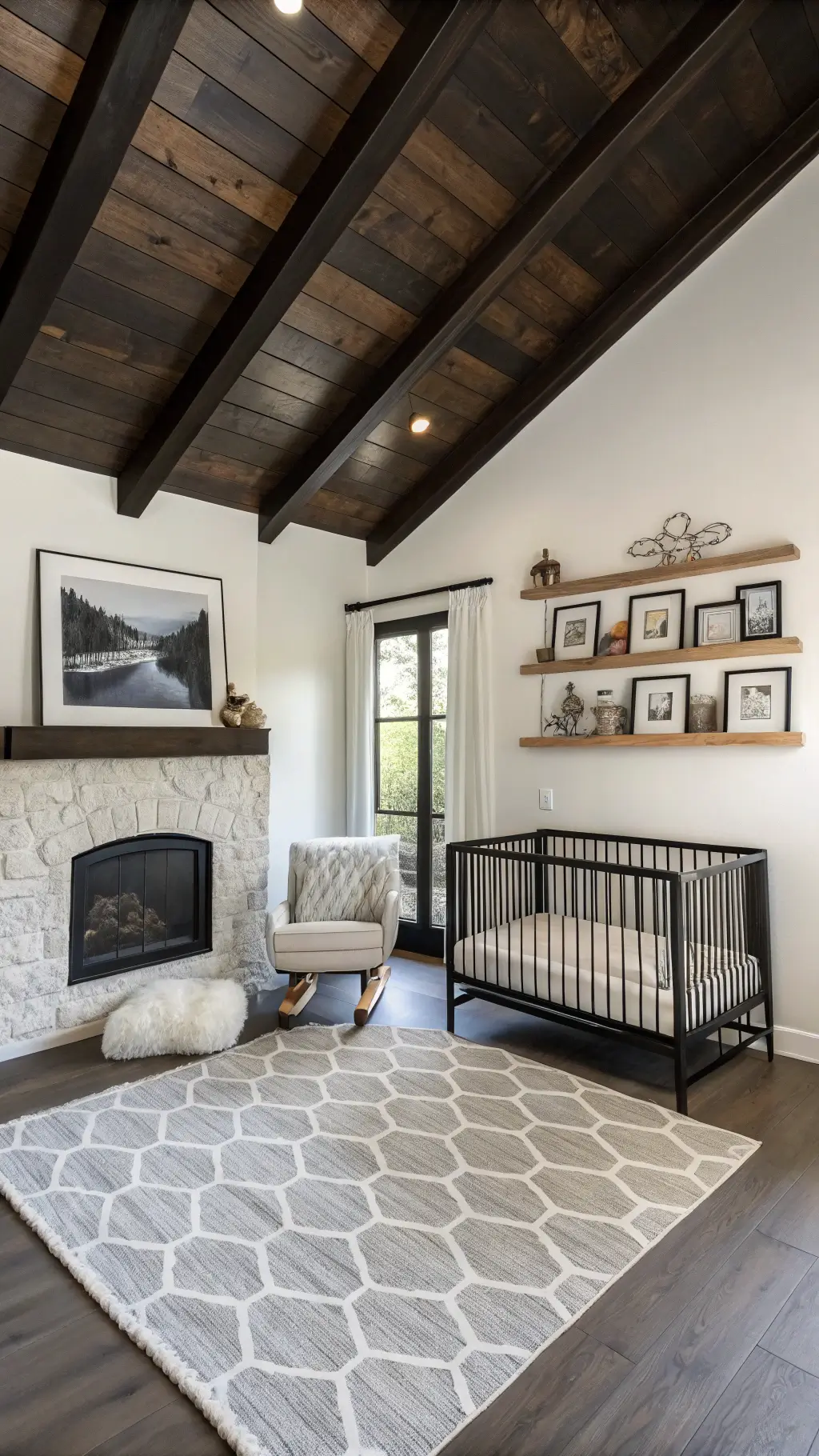 Mountain modern nursery with dark wood beam ceiling and white walls.