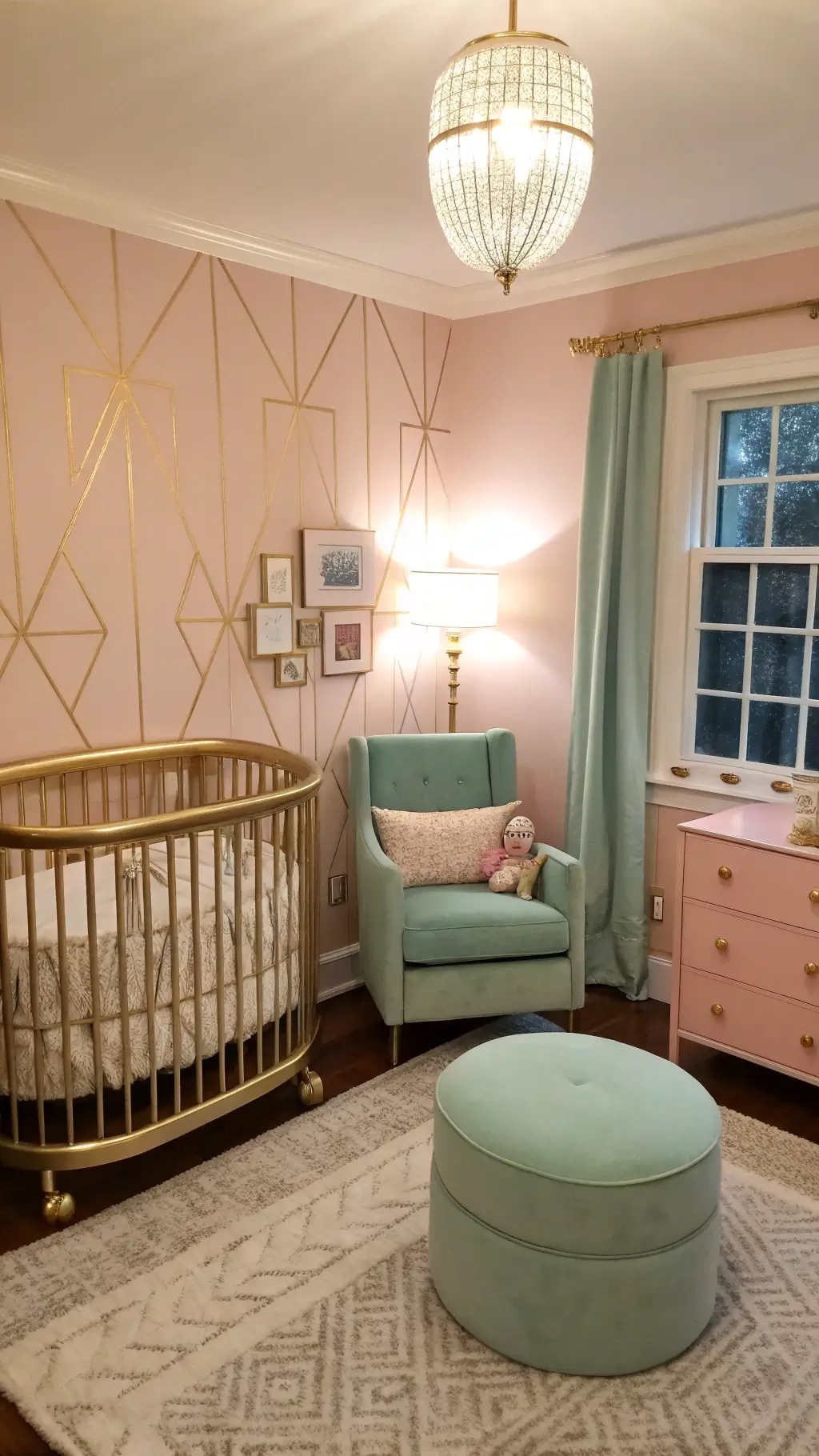 Art Deco-inspired nursery at blue hour with blush pink walls.