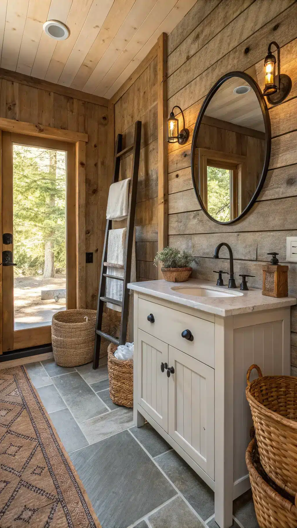 Rustic cabin bathroom at golden hour with reclaimed barnwood walls, stone-look floors, and a weathered oak vanity. A round black metal mirror hangs above, reflecting soft natural light. Woven jute baskets and a vintage ladder shelf add texture, while a pine branch arrangement in a copper vessel brings an organic touch. Steam in the air catches the warm glow from the west-facing window.