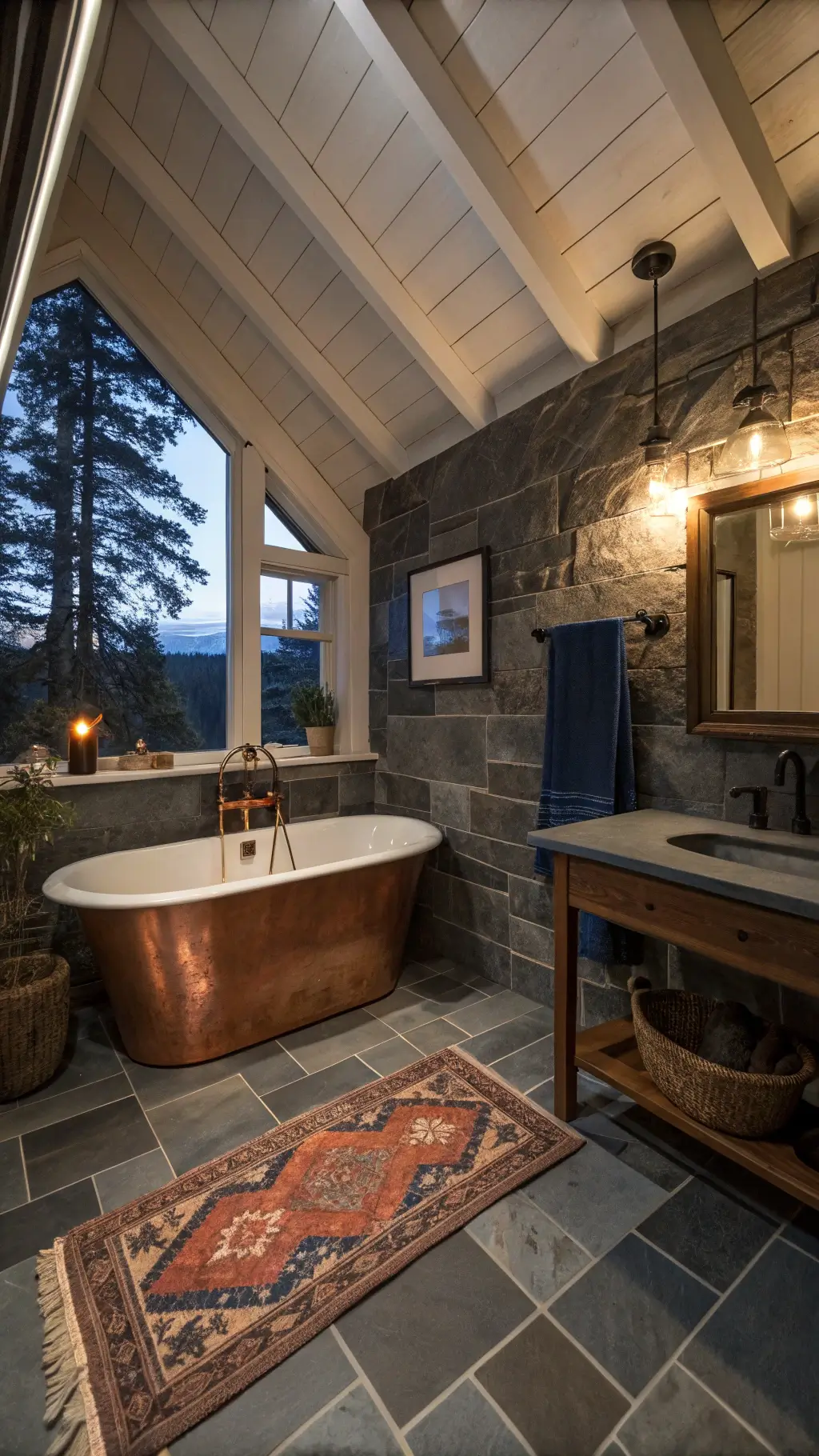 Cozy 6x8ft cabin bathroom at dusk with moody sconce lighting. Slate gray stone walls contrast with whitewashed ceiling beams. A freestanding copper soaking tub sits under a pitched roof window. A rust and indigo wool runner leads to a vintage industrial vanity. Warm pools of light from dimmable iron sconces highlight rich earth tones and deep navy accents.