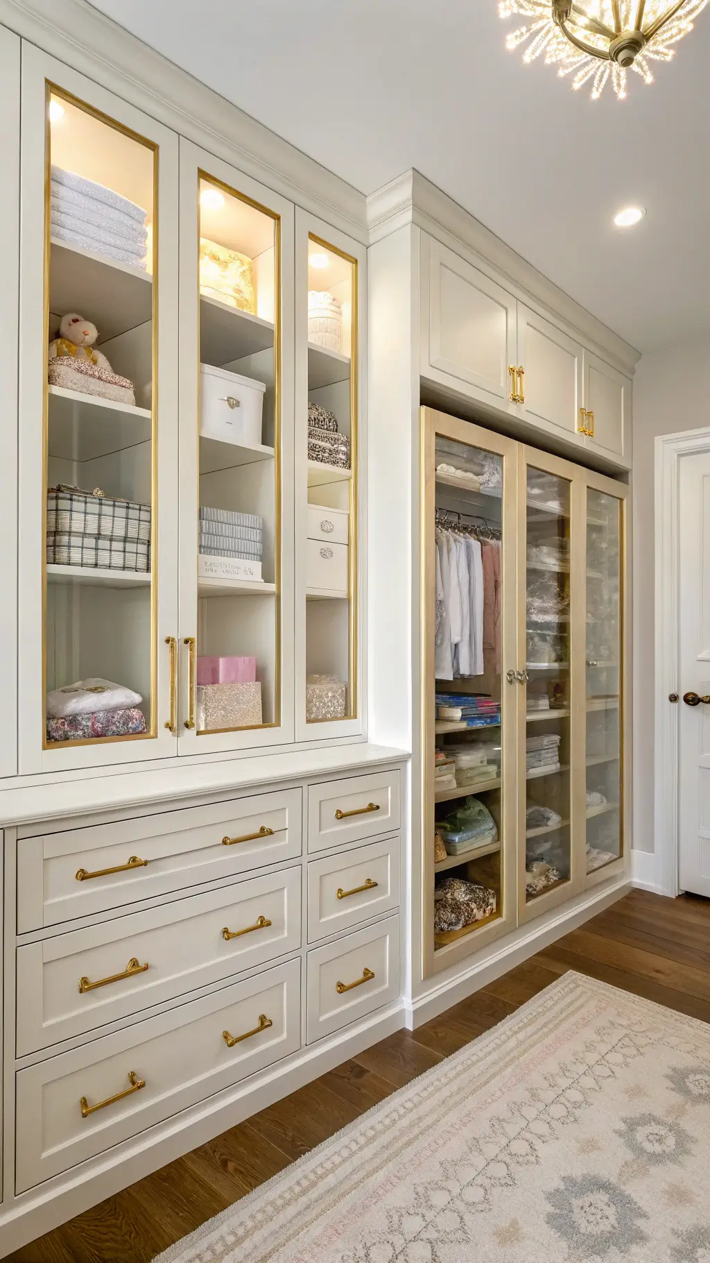 Luxury nursery storage with built-in white closet, gold hardware, glass-front cabinets, organized drawers, pale oak book ledges, and over-door organizer in bright morning light.