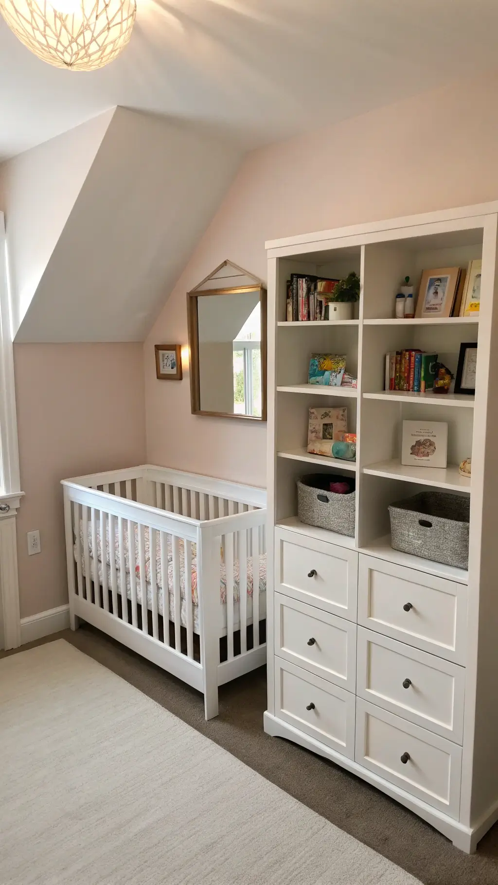 Small 10x10ft nursery with vertical storage. White crib with under-storage drawers against a pale blush wall. Floor-to-ceiling bookshelf with alternating closed storage and open display. A compact glider with a wall-mounted reading light. Strategic mirror placement adds depth. Natural light emphasized with fill lighting for a bright, airy feel.