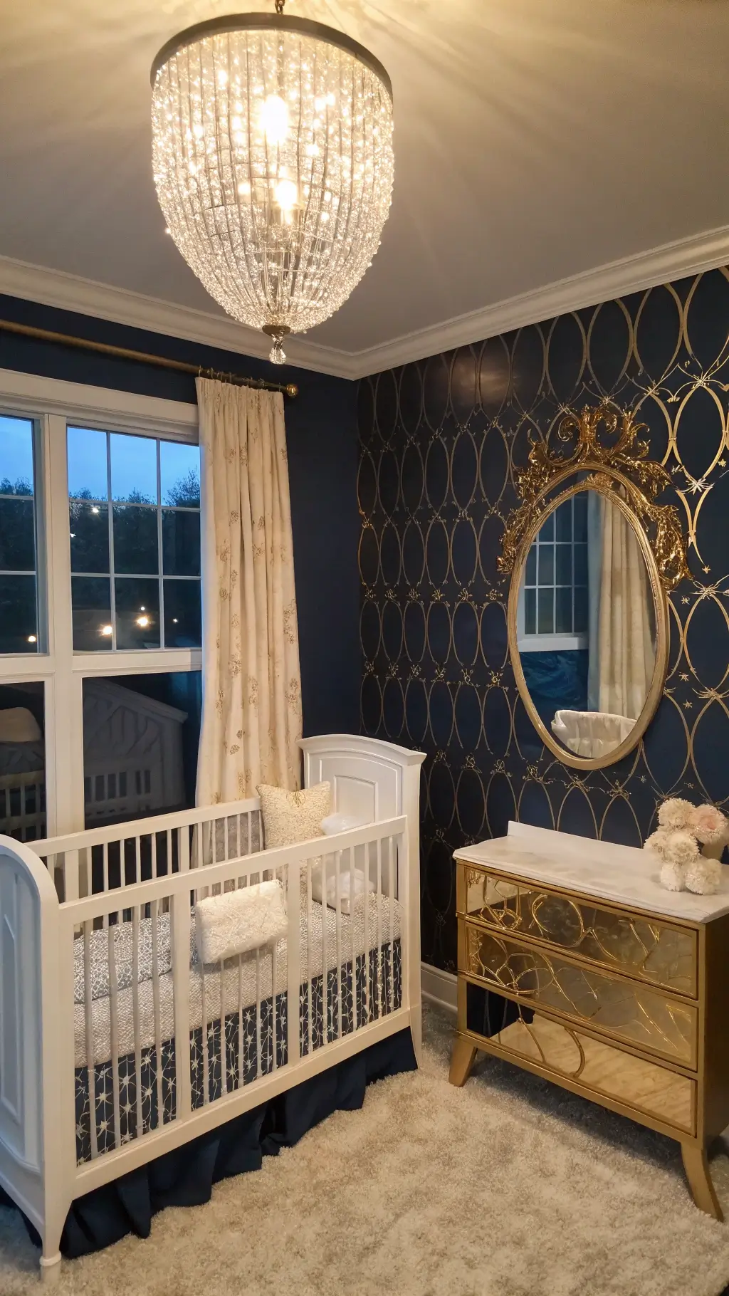 Luxury nursery corner at blue hour with acrylic crib, custom bedding, crystal chandelier, navy accent wall, gold decals, and vintage mirror reflecting soft evening light.