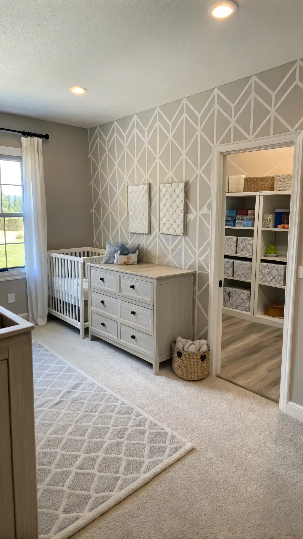 Future-proof nursery with convertible furniture, greige walls, geometric accent, modular storage, open play space, and soft natural lighting.