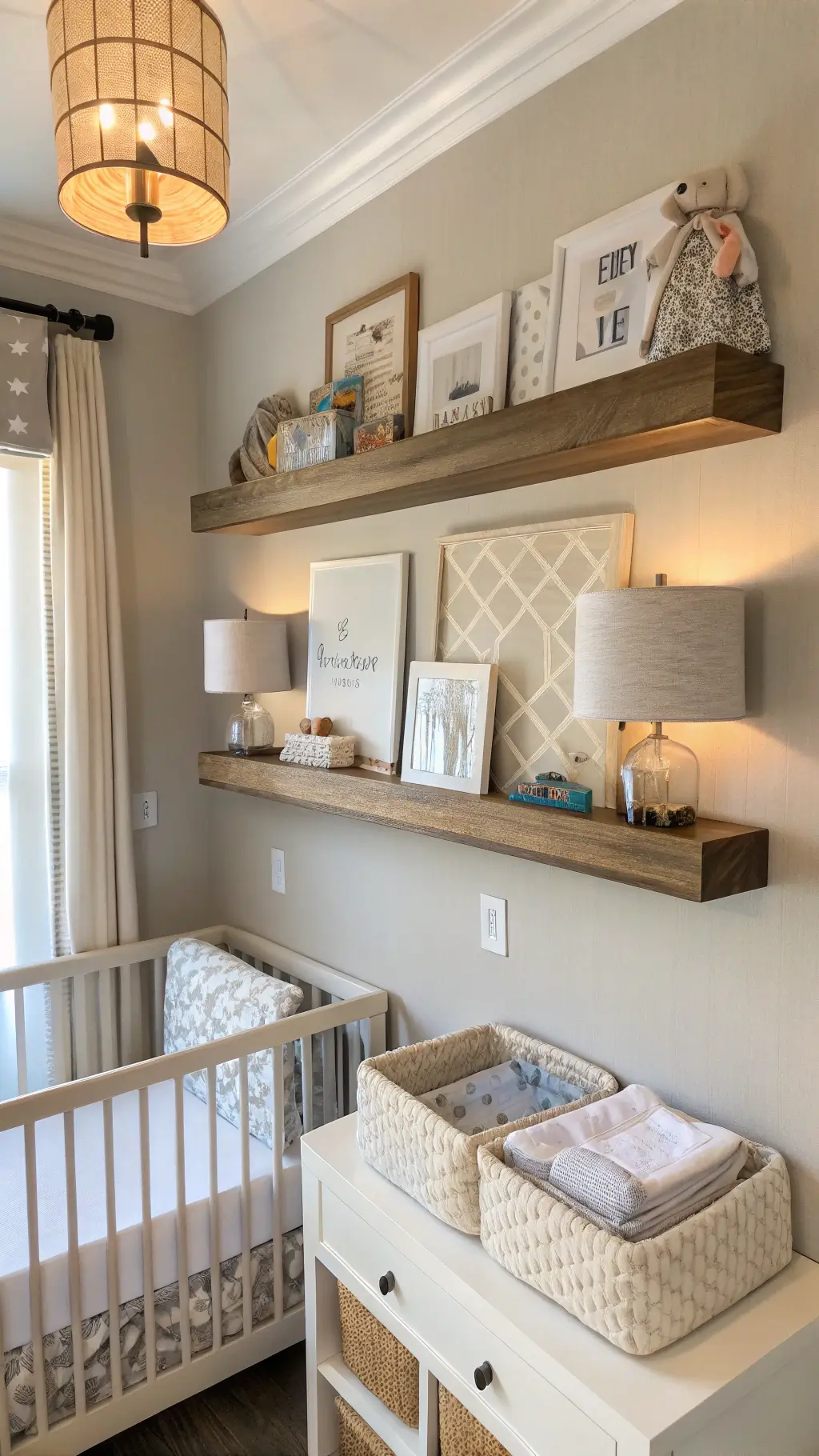 Safe and secure nursery with anchored furniture, rounded floating shelves displaying baby essentials, cordless linen Roman shades, and covered outlets, highlighted in soft afternoon light.