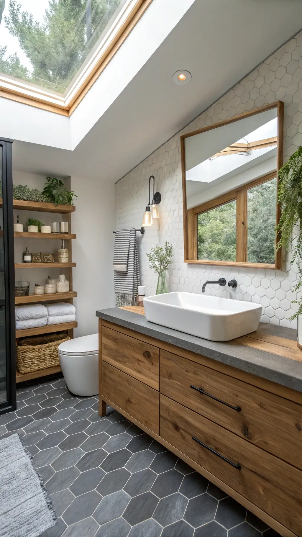 Modern rustic bathroom with skylight, cedar walls, hexagonal slate floor, floating walnut vanity, vessel sink, black-framed mirror, macramé wall hanging, and floating shelves with white pottery.