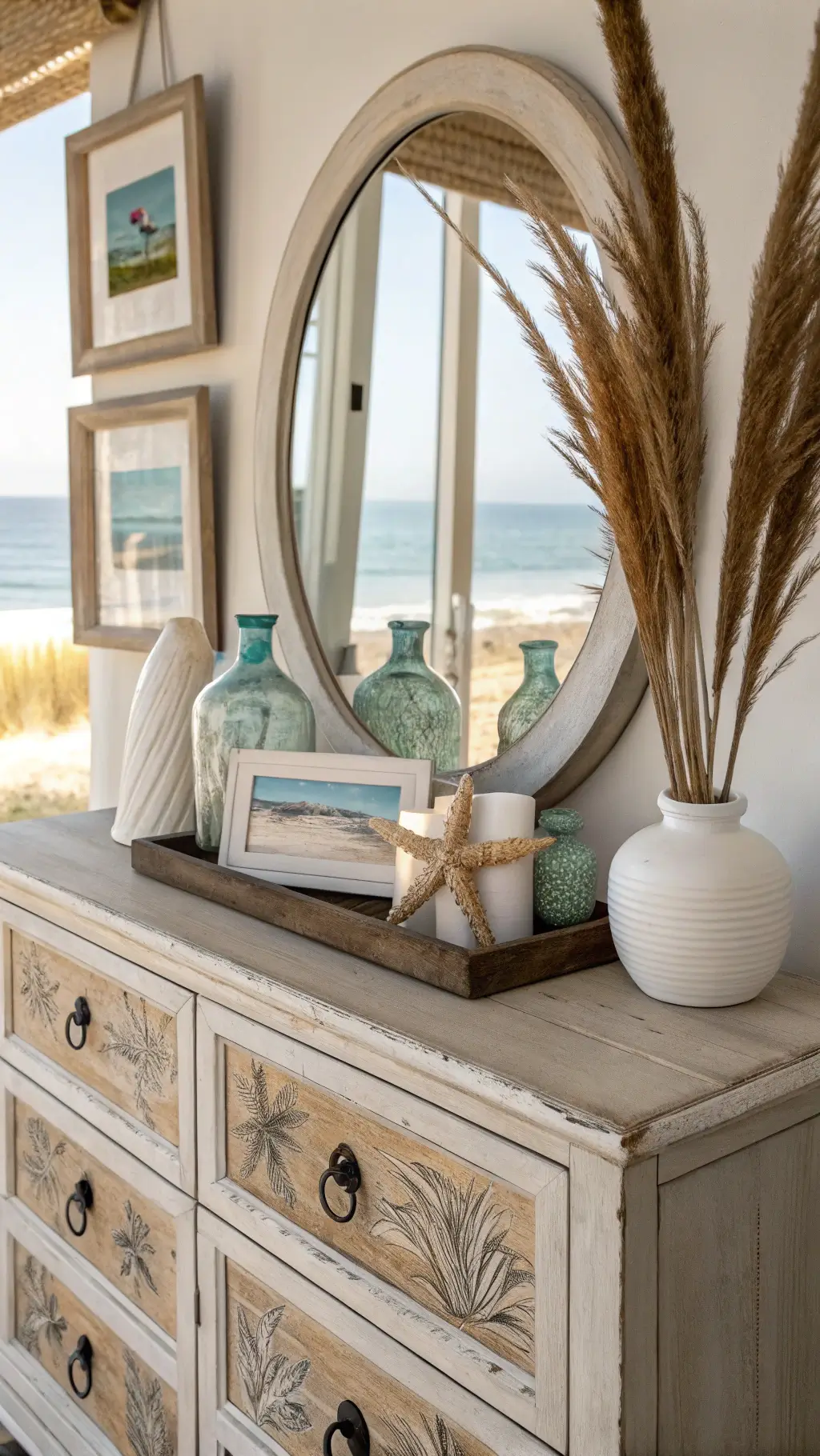 Beachside bedroom vanity with a vintage driftwood-finished dresser, an oval mirror reflecting ocean views, sea glass in clear vessels, pressed seaweed artwork, and a white ceramic vase with dried pampas grass, softly focused in mid-morning light.
